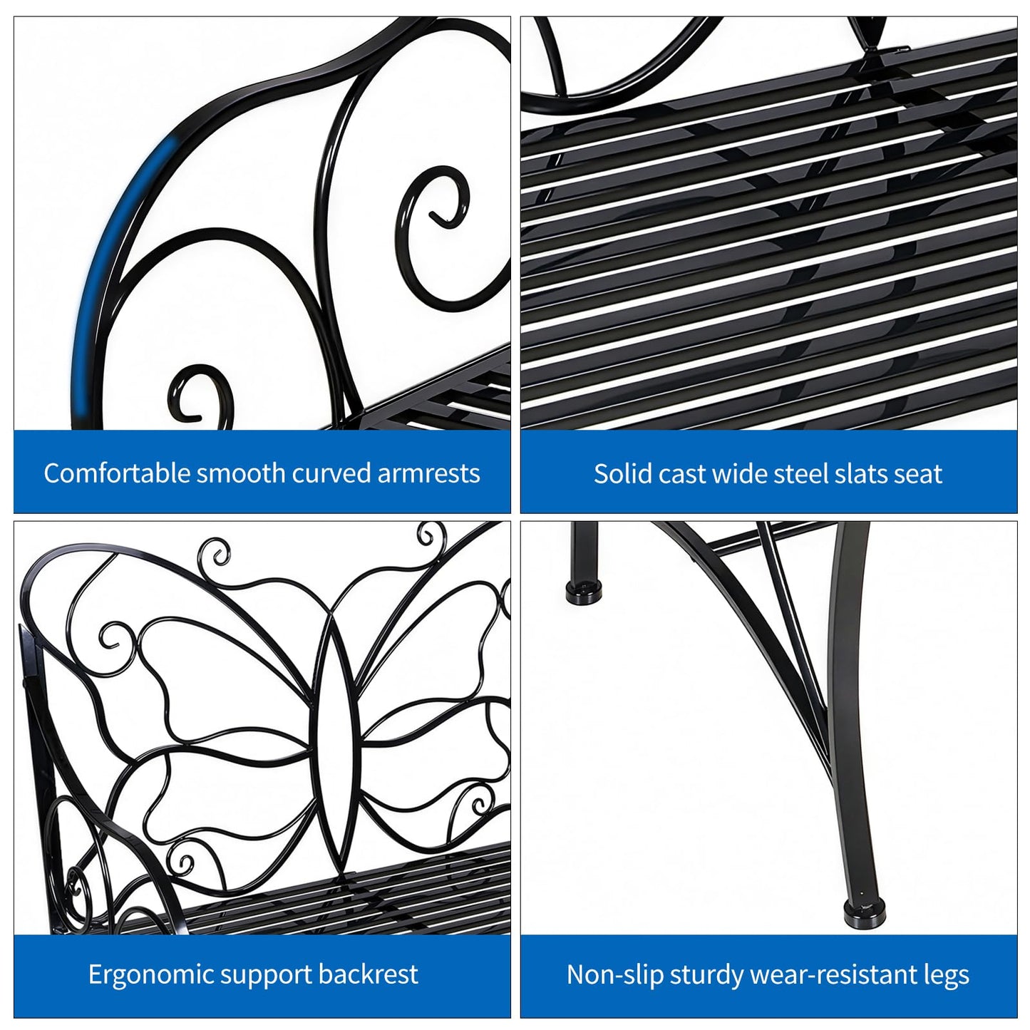 HLC Outdoor Bench Outdoor Sturdy Rust-Resistant Bench Butterfly Cast Iron with Armrests Park,Yard, Patio, Porch, Lawn Double Seats