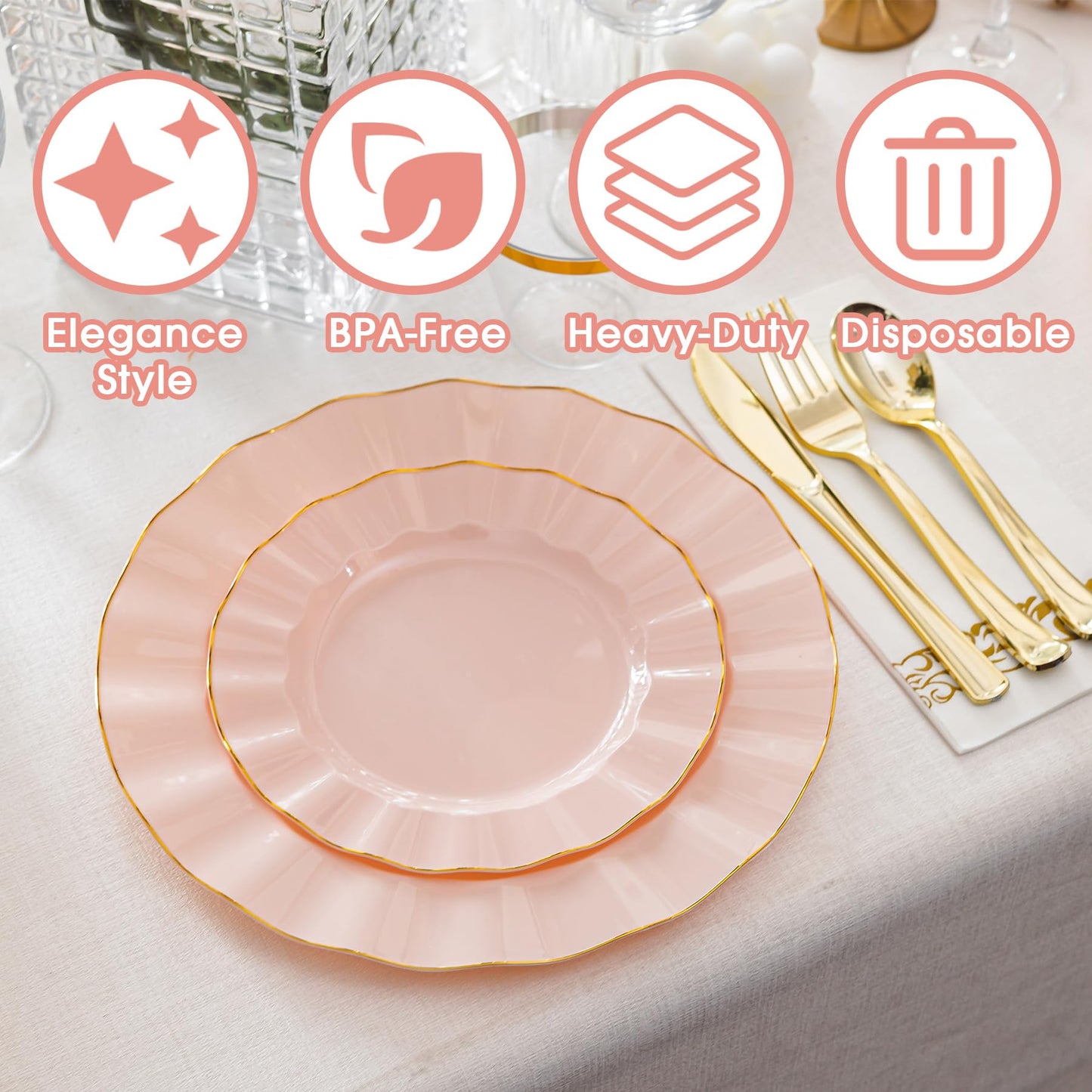 QualQuot 175PCS Gold and Pink Plastic Dinnerware Set, Plastic Party Plates for 25 Guests, 50 Disposable Plates, 25 Heavy Duty Silverware, 25 Cups, 25 Napkins for Mother's Day, Party and Wedding