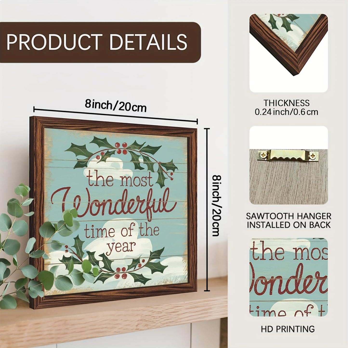 The Most Wonderful Time of the Year Wooden Framed Sign Christmas Holly Berry Decor Wall Art Inspirational Quote Rustic Decor for Home, Living Room, Winter 8x8 Inch