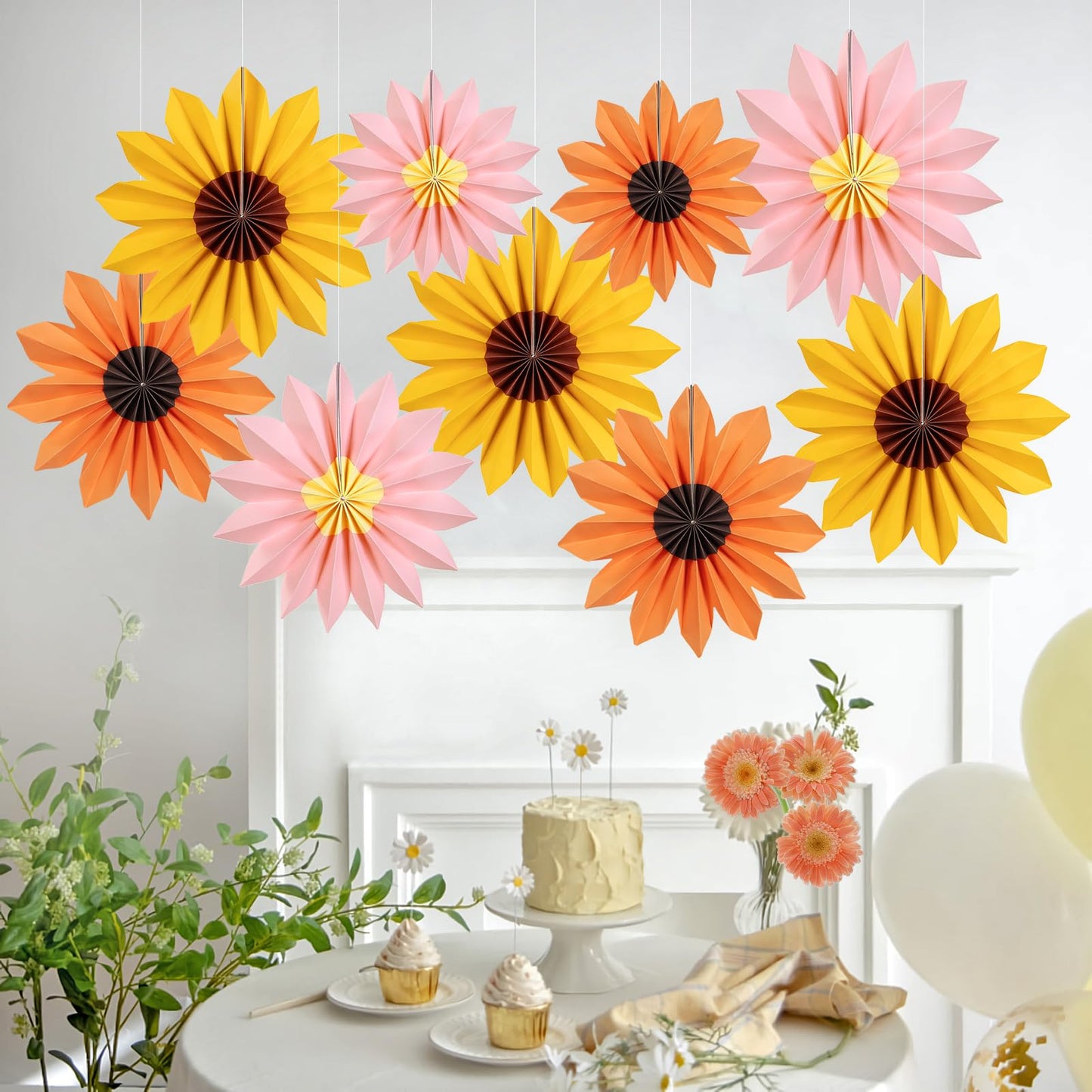 PAPER JAZZ Sunflower Party Decorations: 9 Sunflower Paper Fans & Flower Garlands, Summer Orange Pink Sunflowers, Wedding & Baby Shower Decor