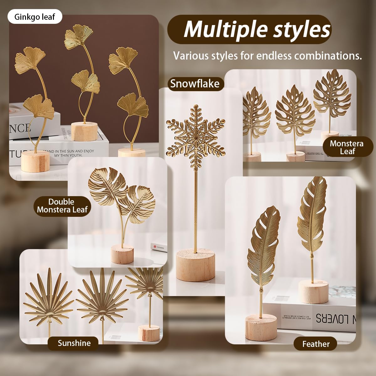 Uimoky Gold Leaf Home Decor Set - Metal Leaves Statues, Modern Artistic Sculptures for Living Room, Office, Shelf & Home Decorative, Handmade 3D Botanical Accents (Monstera, Feather, Ginkgo, 3PCS)