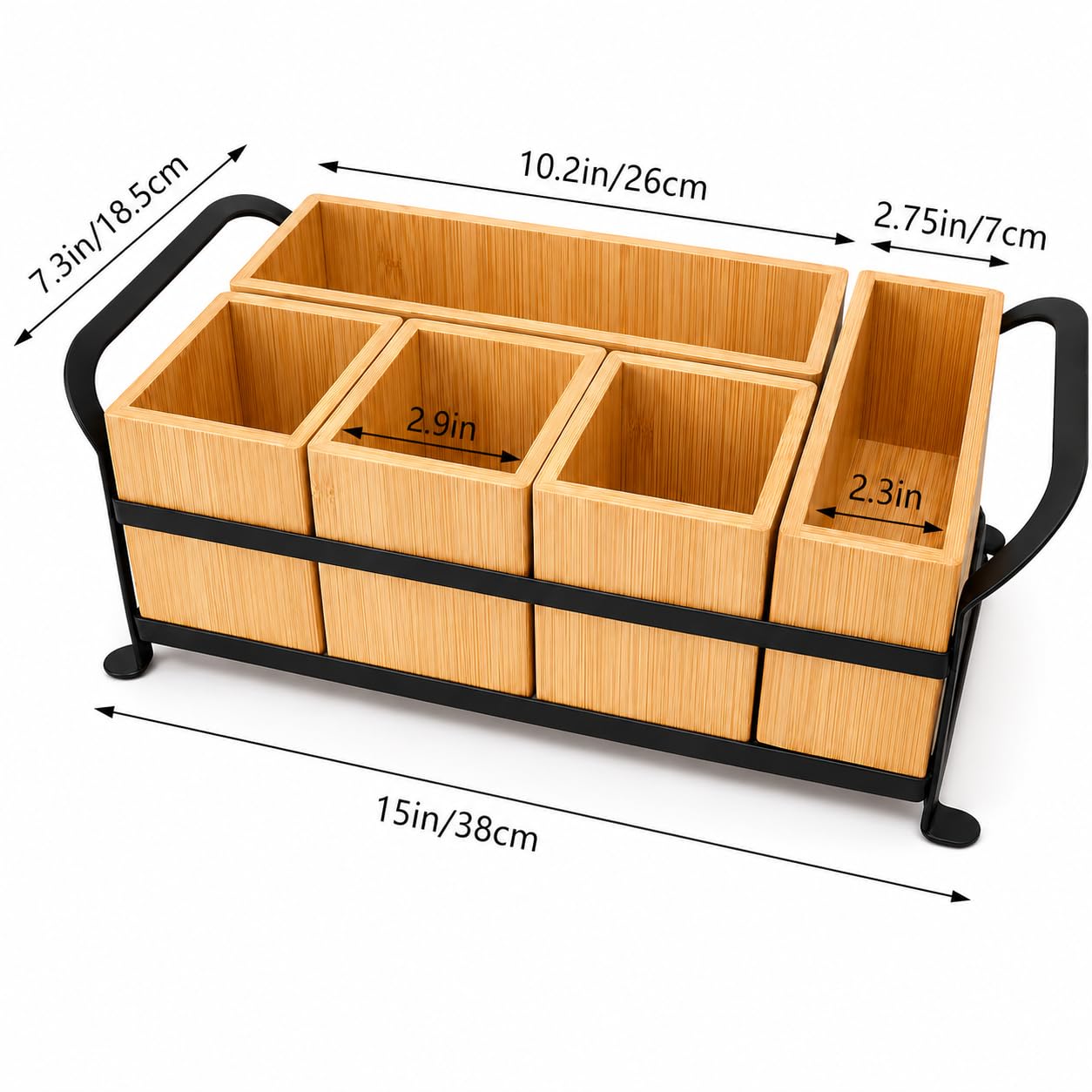 GOXTBBW Bamboo Utensil Caddy with Handle - 5 Compartment Silverware Holder for Party & Kitchen Countertop - Removable Wooden Flatware Organizer for Picnic, BBQ, Buffet, RV & Outdoor Dining