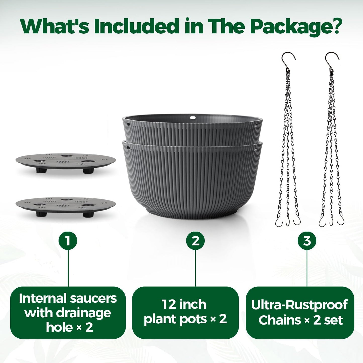 T4U 12 Inch Large Hanging Planters for Outdoor Plants, 2 Pack Self Watering Pots Indoor, Hanging Baskets for Plants,Hanging Flower Pot with Drainage Hole and Plant Hanger, Grey