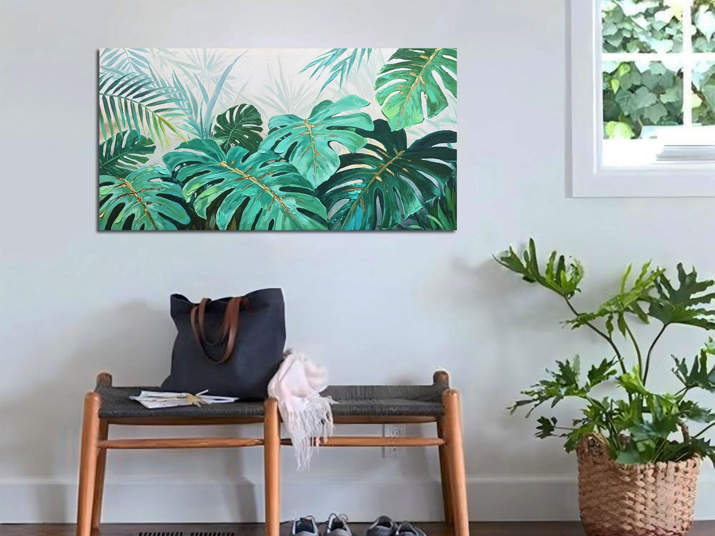 Enartly Tropical Green Leaf Canvas Wall Art Monstera Palm Leaf Painting Jungle Plant Botanical Picture Nature Artwork Print Framed for Living Room Bedroom Bathroom Office Home Decor, Large 40"x20"