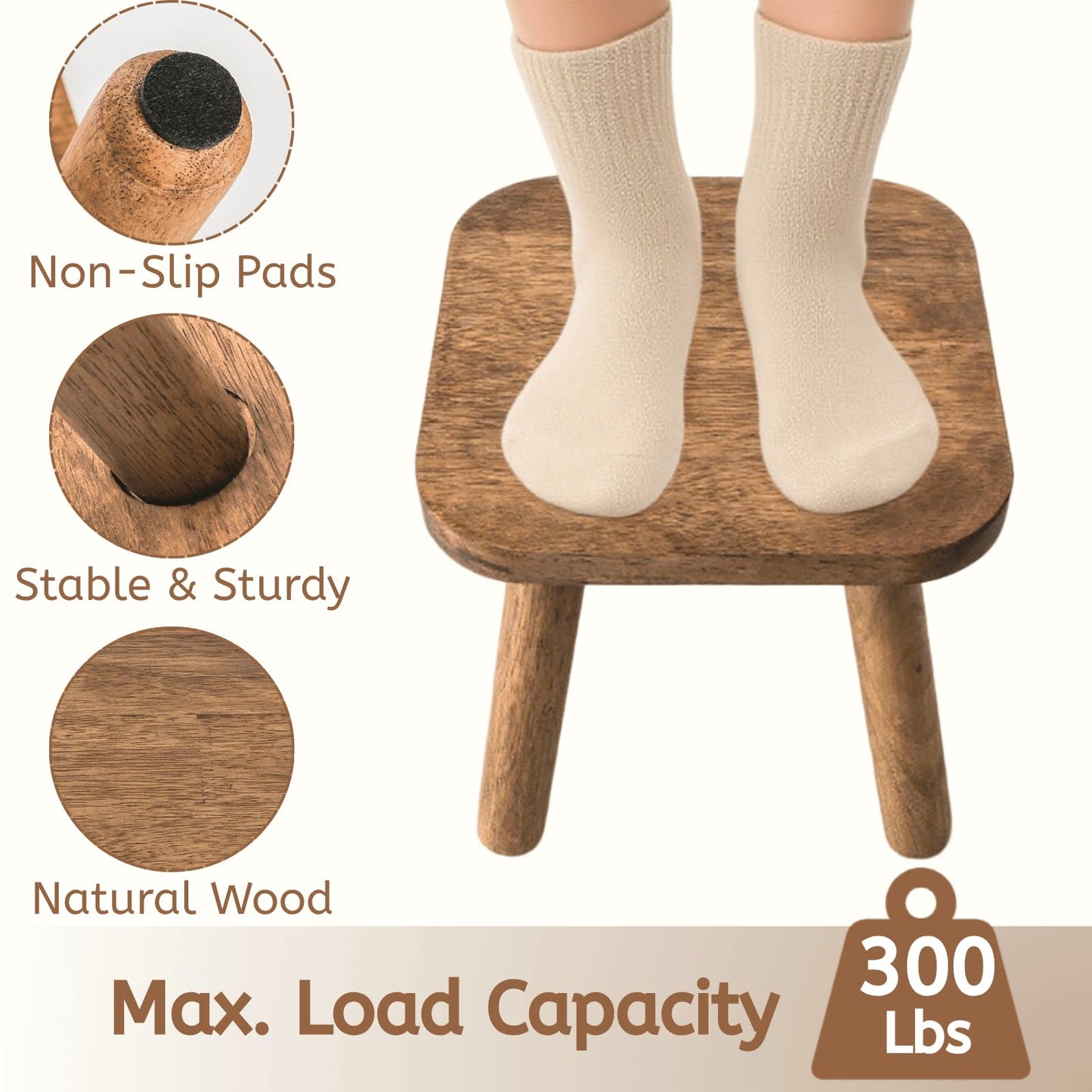 Youeon 9 Inch Small Wooden Step Stool, Non-Slip One Step Stool for Adults, Holds up to 300 Lbs, Portable & Sturdy, Footstool for Bedroom, Bathroom, Kitchen, Easy to Assemble