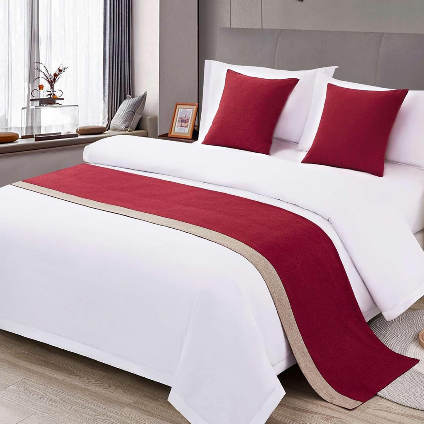 Ctslbreploo Red Bed Runner 82 x 20 Inch Red and Khaki Patchwork Bed Scarf for Queen & Full Bed Stripe Reversible Quilted Bed Runner Decorative for Hotel Bedroom Home - 1 Piece