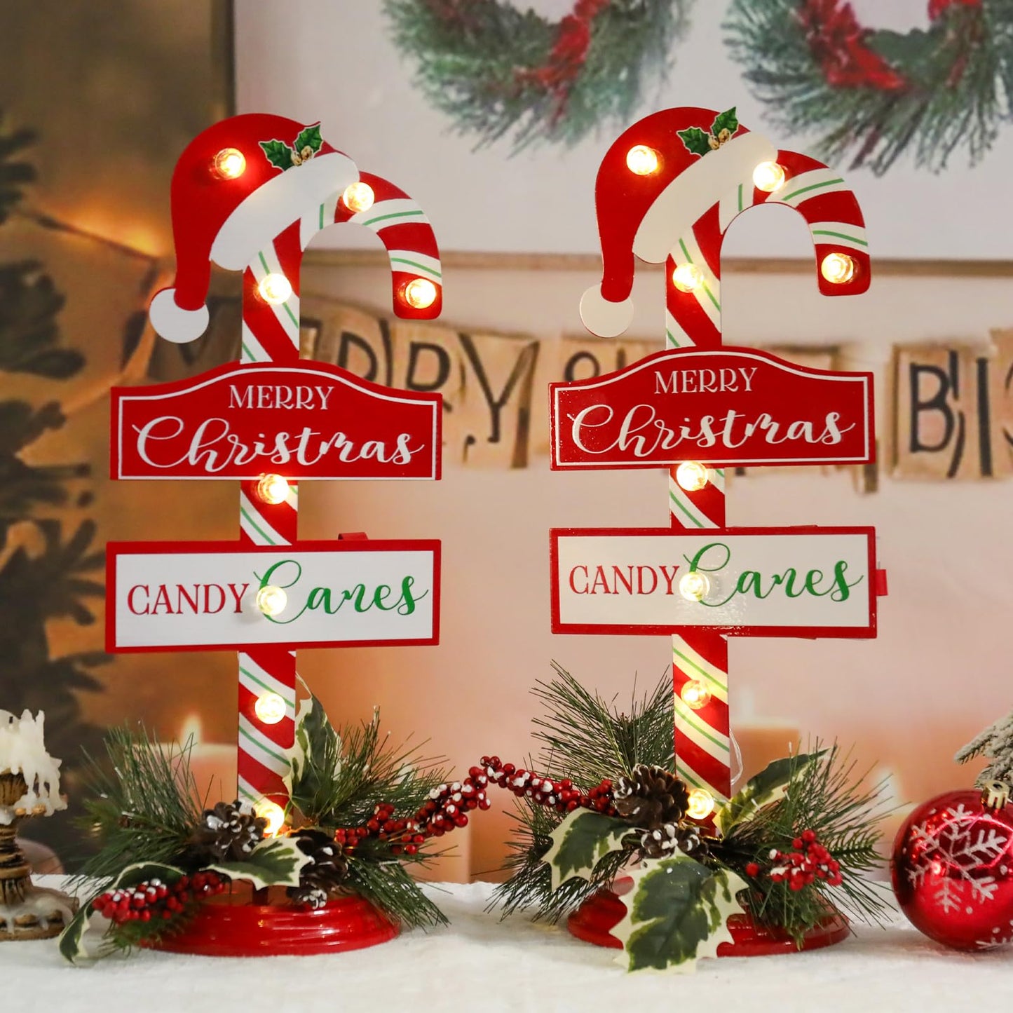 WONDER GARDEN Christmas Signs Indoor - 2 Pack Lighted Candy Cane Signs with Artificial Holly Berries, 16 Inch Metal Standing Merry Christmas Sign Decorations for Home or Party Table Decor Gift(Hat)