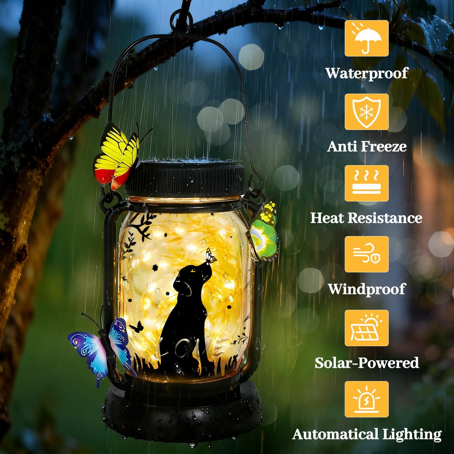 Dog Solar Lanterns Outdoor Garden Solar Dog Lights Dog & Cat Lover Gifts for Women Mom Grandma, Butterfly Fairy Lights Waterproof Hanging Mason Jar Lamps (Dog Kiss Butterfly)