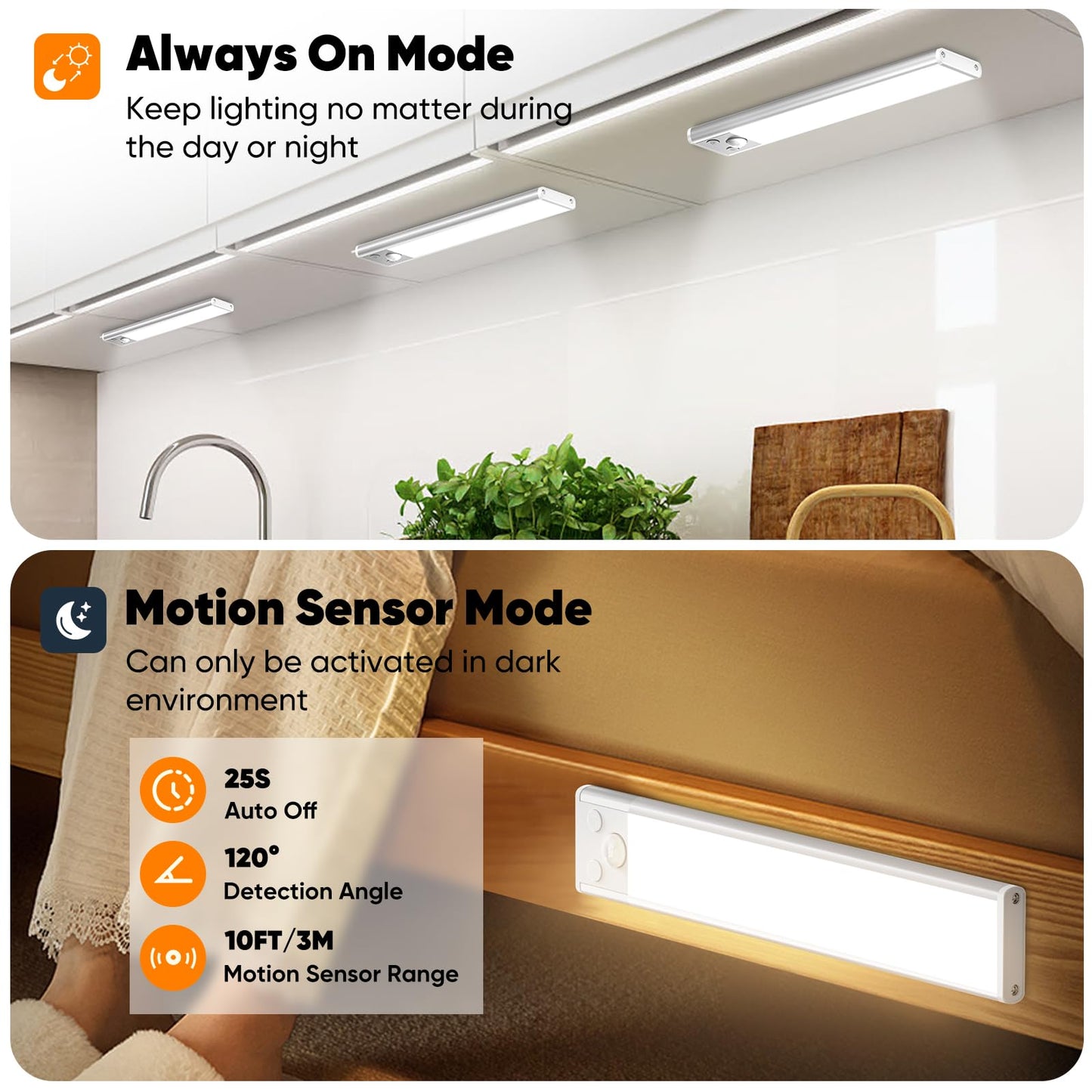 3-Pack Under Cabinet Lighting, 68LED 1800mAh Motion Sensor Lights Indoor, 3 Color Wireless Dimmable Rechargeable Battery Operated Closet Lights, Magnetic Under Counter Light Fixture for Kitchen Stair