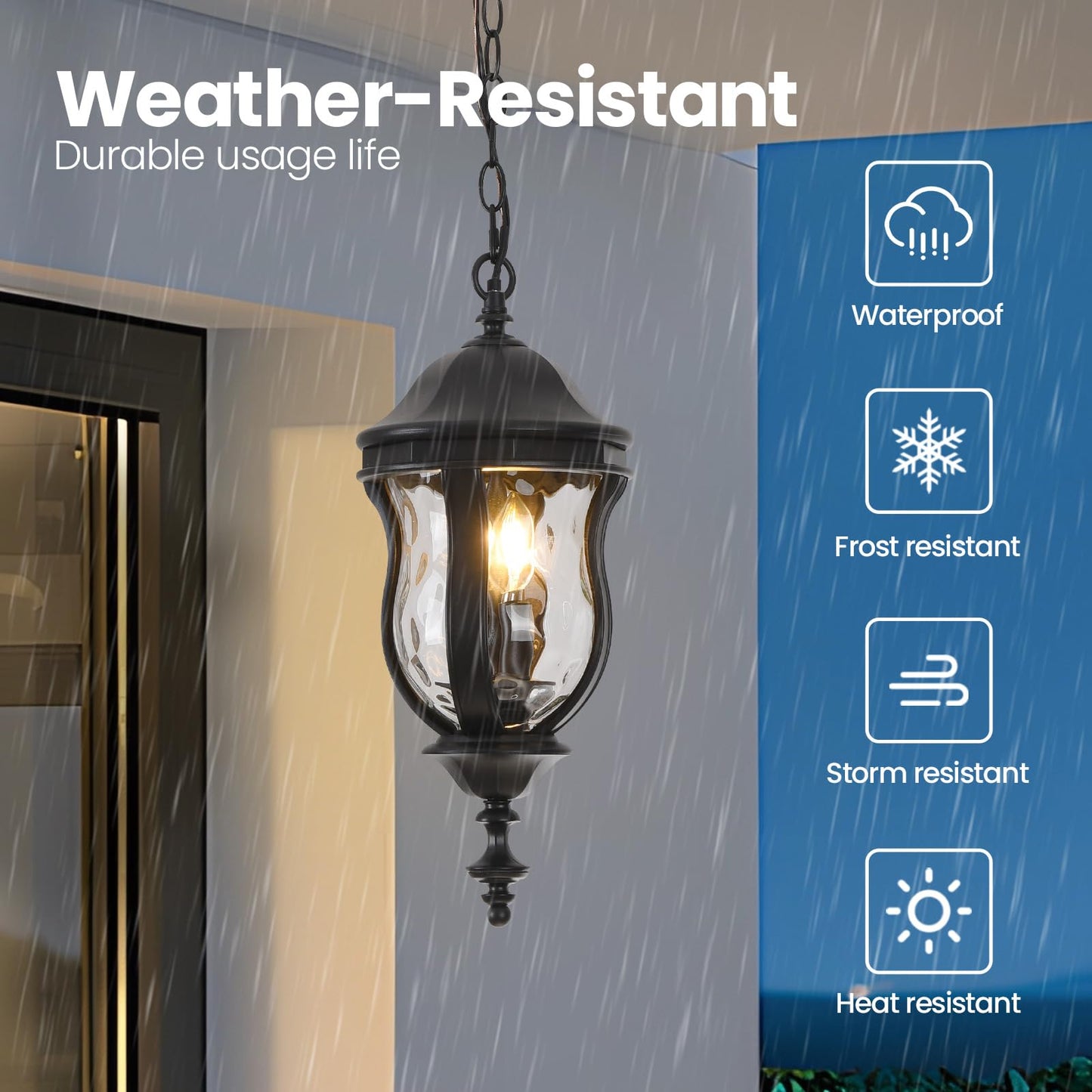 Smeike Large Outdoor Pendant Light Fixtures, 19.1'' Exterior Hanging Lantern Porch Light Adjustable, Black Hanging Lamp Farmhouse Exterior Chandelier Ceiling Mount for Entrance Patio