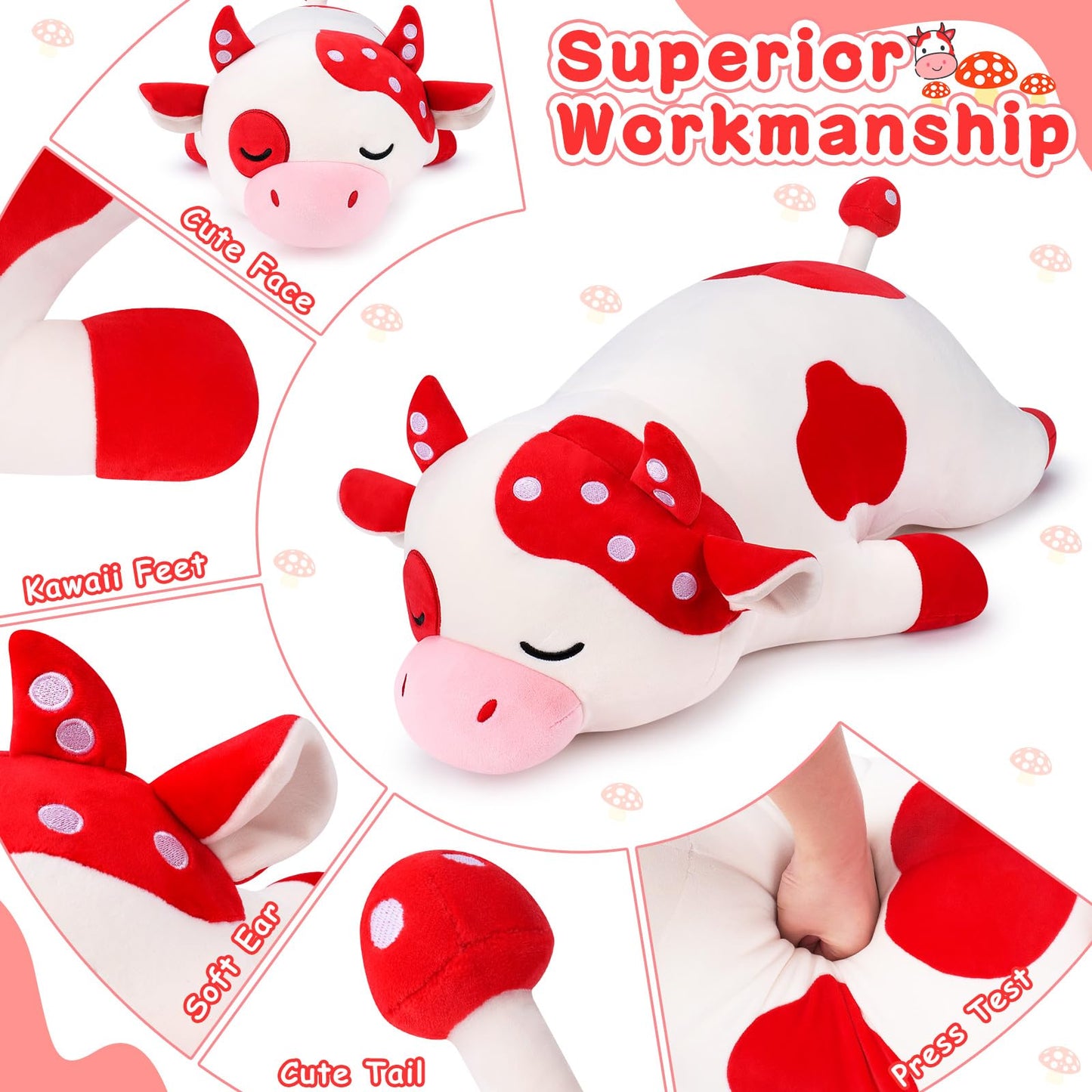 Auspicious beginning 30'' Giant Mushroom Cow Plush Stuffed Animal-Cute Mushroom Cow Plush Body Pillow Plushies, Large Sleeping Cow Stuffed Animal Big Plushie Toy, Birthday Gifts for Kids Girls Boys