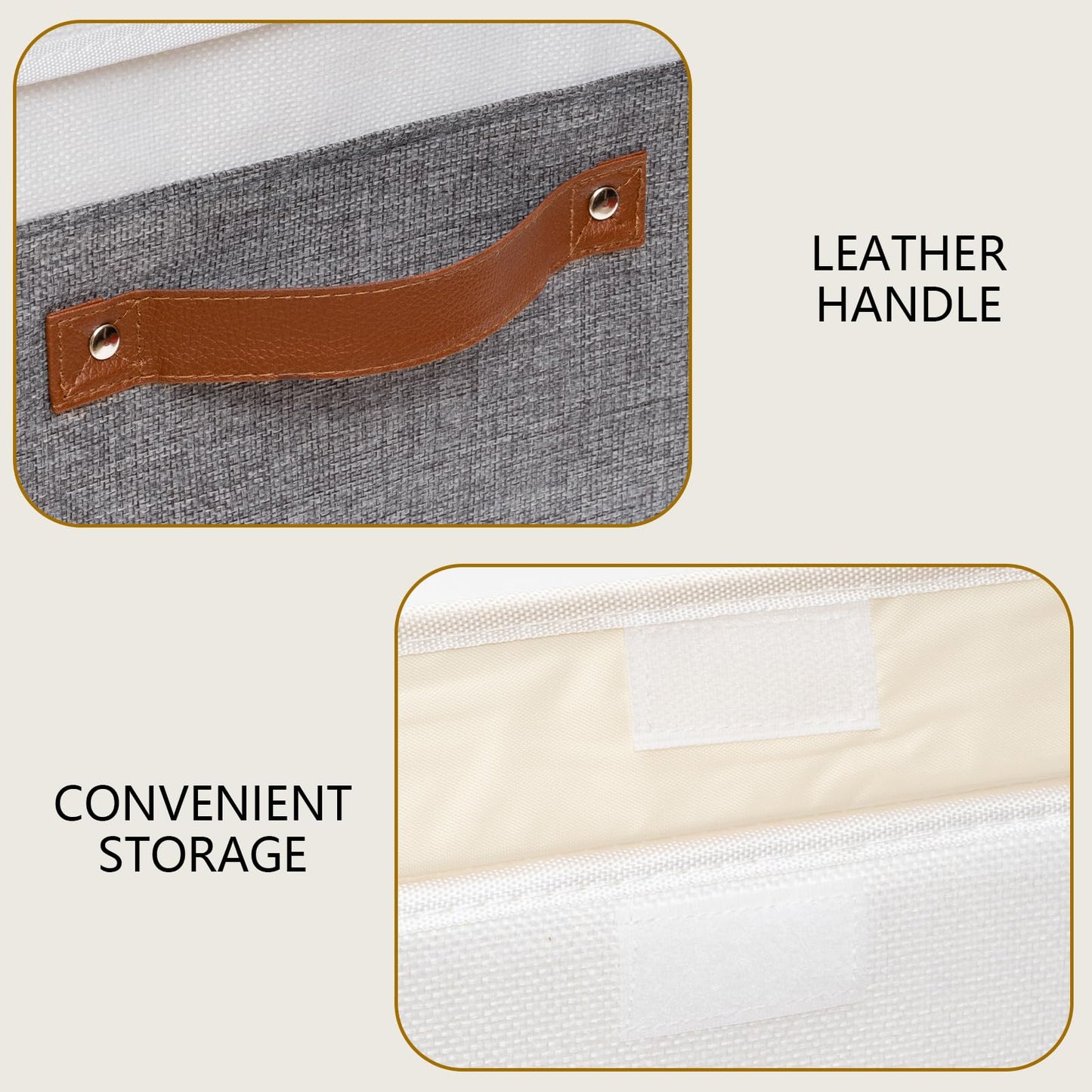 Yawinhe Storage Boxes with Lids, Linen Fabric Bin, Cube Organizer Basket, Washable and Leather Handle, for Home, Closet, White/Grey, 15.0''Lx9.8''Wx9.8''H, 1-Pack, USNK024WGL-1
