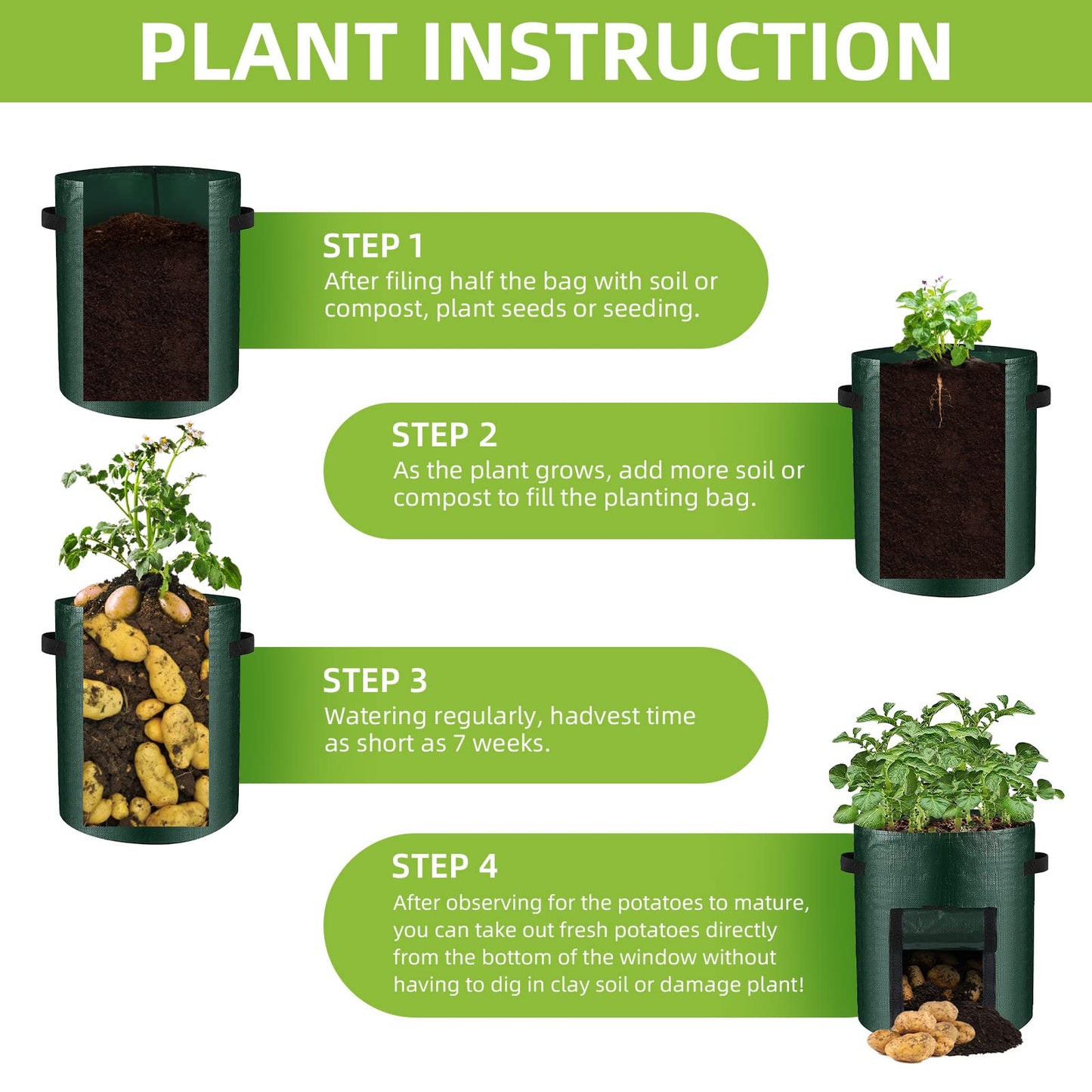 LITLANDSTAR 6 Pack Potato Grow Bags, 15 Gallon Grow Bags Garden Planting Bags with Flap Windows and Handles, Vegetable Grow Bags for Potato, Onion, Tomato, Carrot (Dark Green)