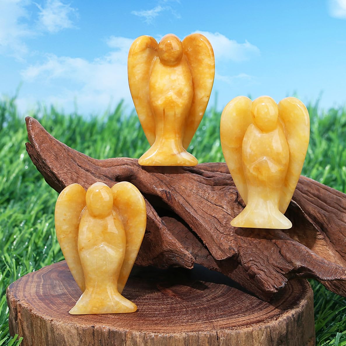 YATOJUZI 2" Yellow Jade Angel Decor Crystals Polished Natural Stone Sculpture Statue Home Room Office Desk Decoration Guardian Hand Carved Cute Figurines Energy Reiki Gifts for Women Men