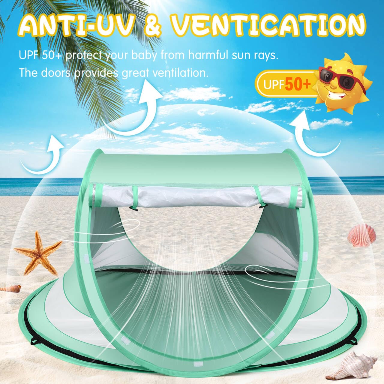Kapeazo Baby Beach Tent, Large Pop Up Portable Sun Shade with Mosquito Net, Indoor Baby Play Tent for Travel, Beach, UPF 50+ UV Protection Sun Shelters
