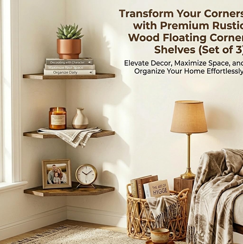 SUYU Set of 3 Floating Corner Shelves, 11.8" Rustic Wood Corner Shelf Wall Mounted, L-Shaped Corner Wall Shelf for Bathroom, Bedroom, Living Room, Kitchen, Office Organizer, Rustic Brown