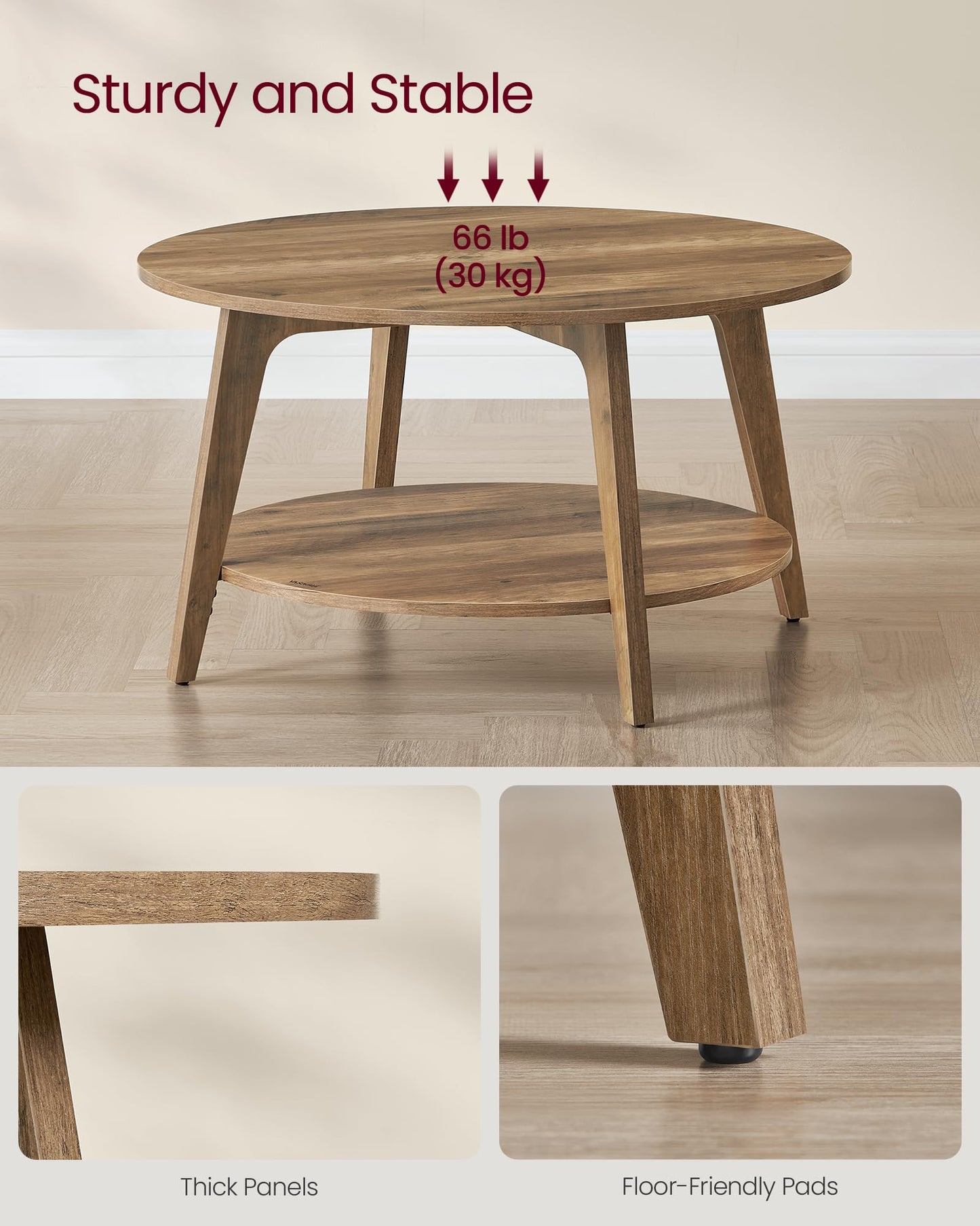 VASAGLE MAEZO Collection - Round Coffee Table, 2-Tier Center Table with Storage, Tapered Legs, Curved Transitions, 31.5 Dia. x 17.7 H Inches, Easy Assembly, for Living Room, Honey Brown ULCT243K41