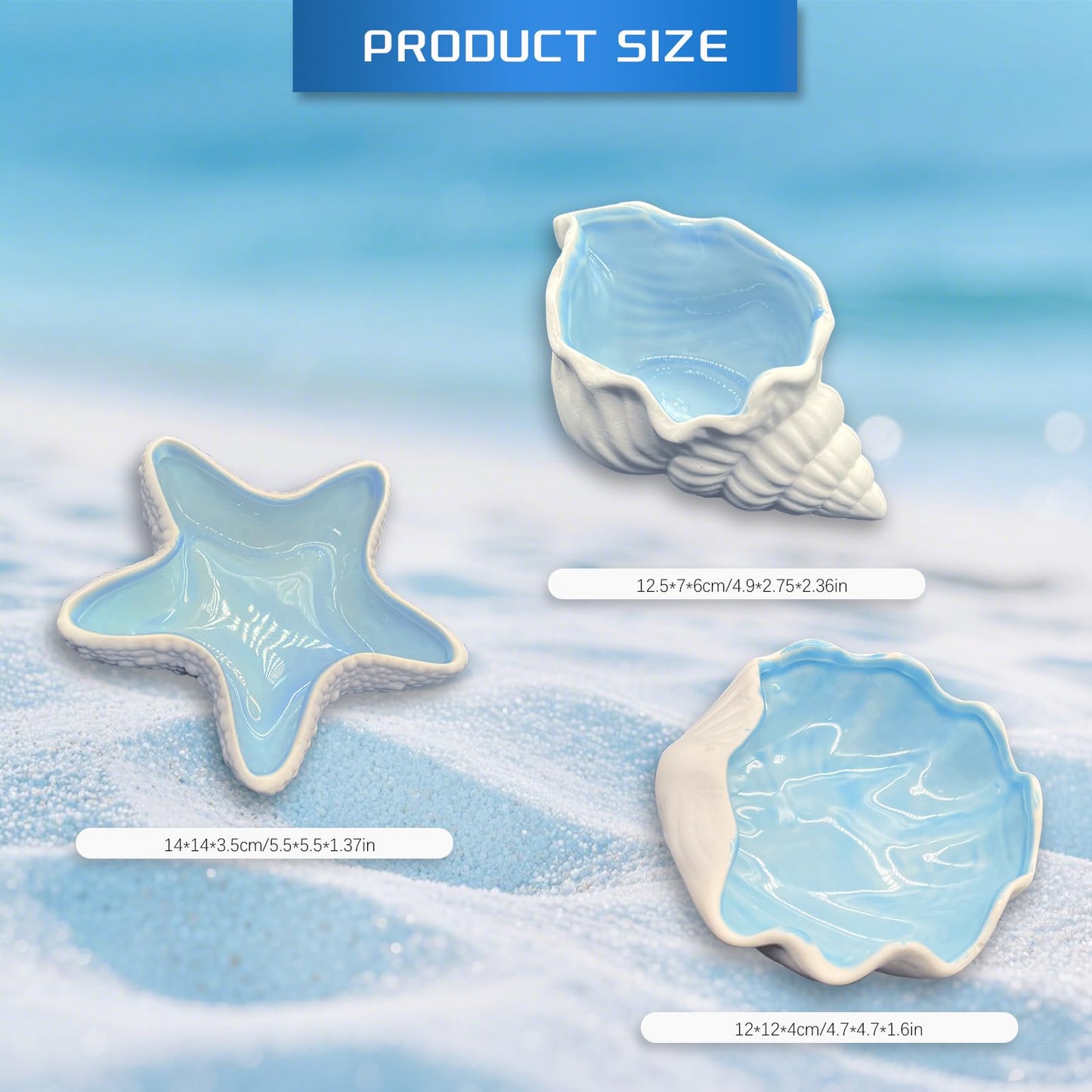 GeryVtee 3 Pcs Starfish Shape Ceramic Jewelry Tray Aqua Shell Trinket Dish Conch Shape Ceramic Jewelry Tray Ring Earring Holder Ocean Themed Trinket Plate Decorative Earring Rings Bracelet