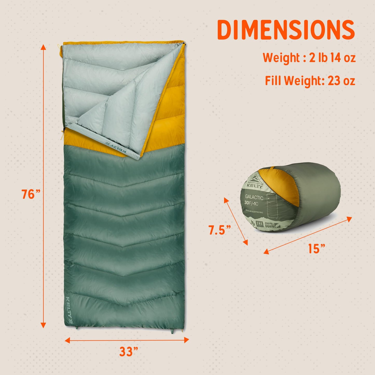 Kelty Galactic Down 30 Degree Sleeping Bag, 550 Fill Power RDS Trackable Down, Backpacking and Camping, Zip Together for 2P Sleeping Bag (Duck Green)