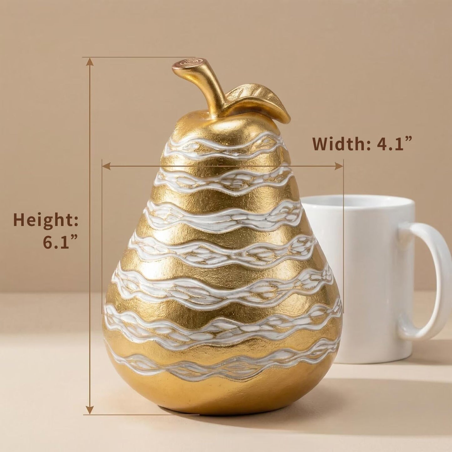 Zhao Xiang Modern Gold & White Pear Figurine - 6" Resin Fruit Statue with Textured Wavy Stripes, Contemporary Kitchen Island, Coffee Table & Shelf Decor Centerpiece