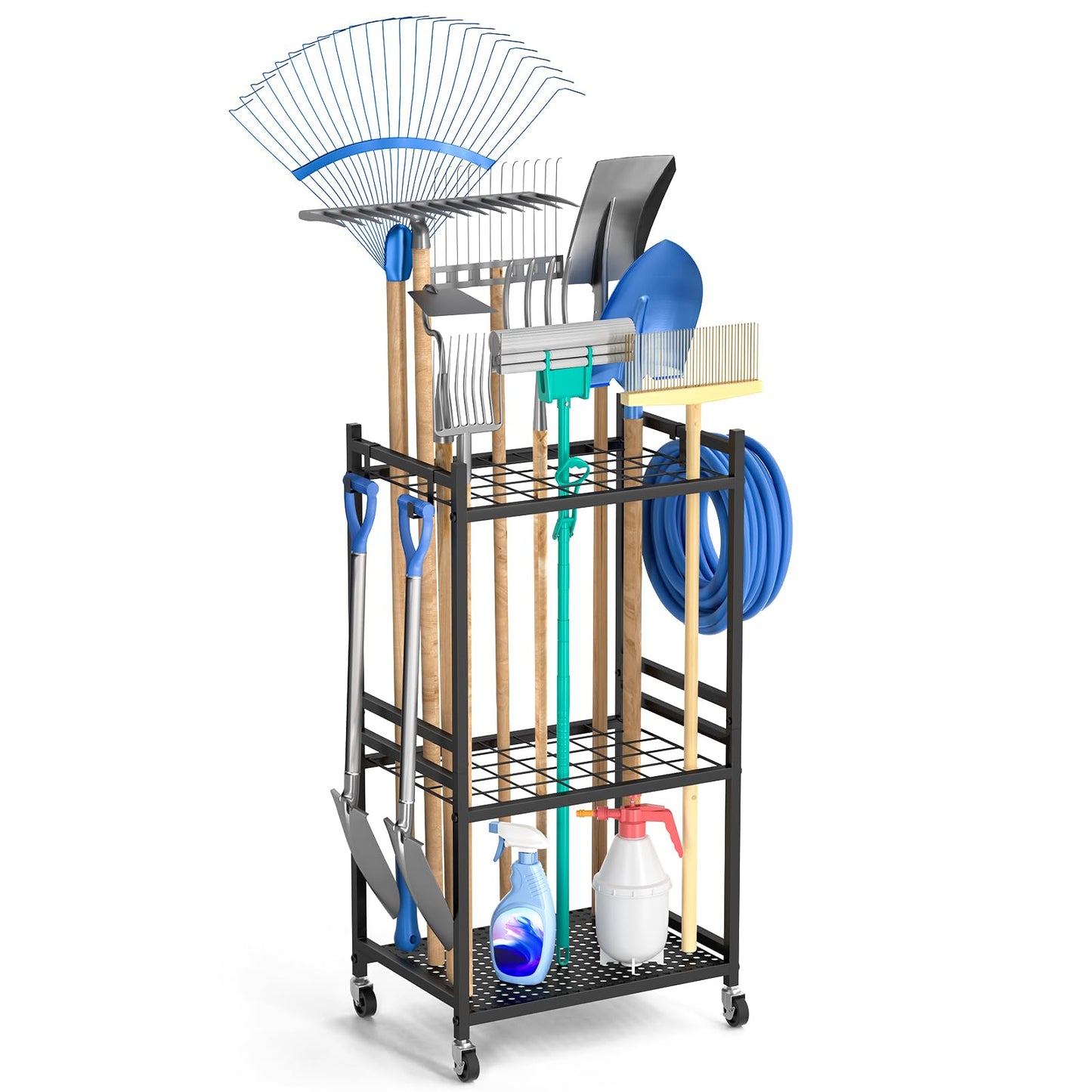 DAOUTIME Garden Organizer With Wheels, Yard Tower Rack for Garage Storage, Up to 35 Long-Handled Tools, Sturdy Metal Steel Holder With 3 Hooks, Outdoor, Black