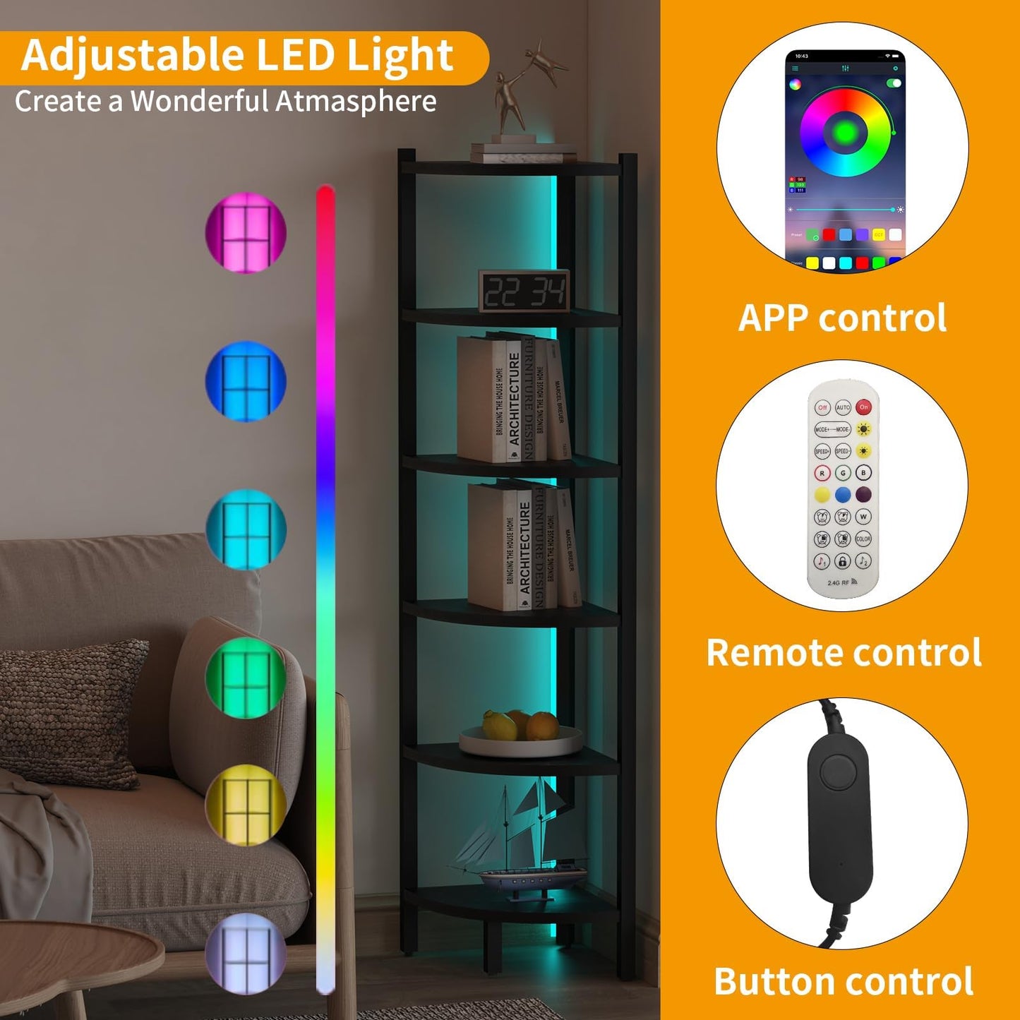 HONGOUZWL Corner Shelf with LED Lights, 6-Tier Corner Bookshelf, 66'' Organizer Book Shelf Shelves Steel Frame Display Stand with Living Room, Bedroom, Study, Black