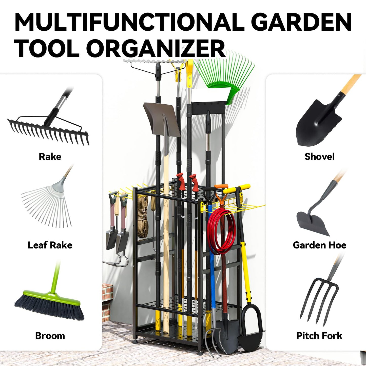 BlumeTrec Garden Tool Organizer, Up 48 Long Handle Tool, Garage Storage and Organization with Side Hook for Broom/Rake/Shovel/T-Handle Tool, Heavy Duty Steel Outdoor Tool Rack,Yard Tool Stand for Shed