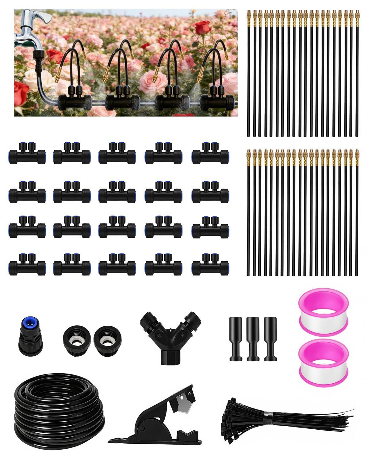 66FT Drip Irrigation System with 40 Nozzles, Automatic Drip Irrigation Kit, Garden Watering System with Dual-Head 360° Bendable Spray Nozzles for Lawn, Raised Bed (66FT, 40 Nozzles)