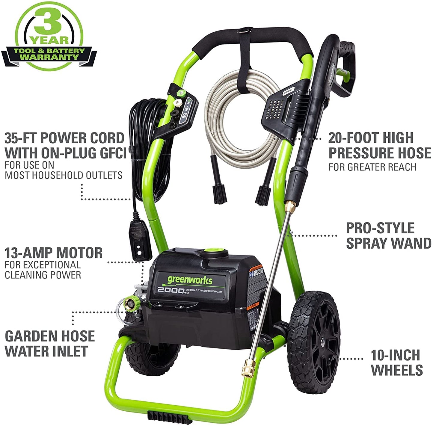 Greenworks 2000 Max PSI @ 1.1 GPM (13 Amp) Electric Pressure Washer GPW2000-1RG