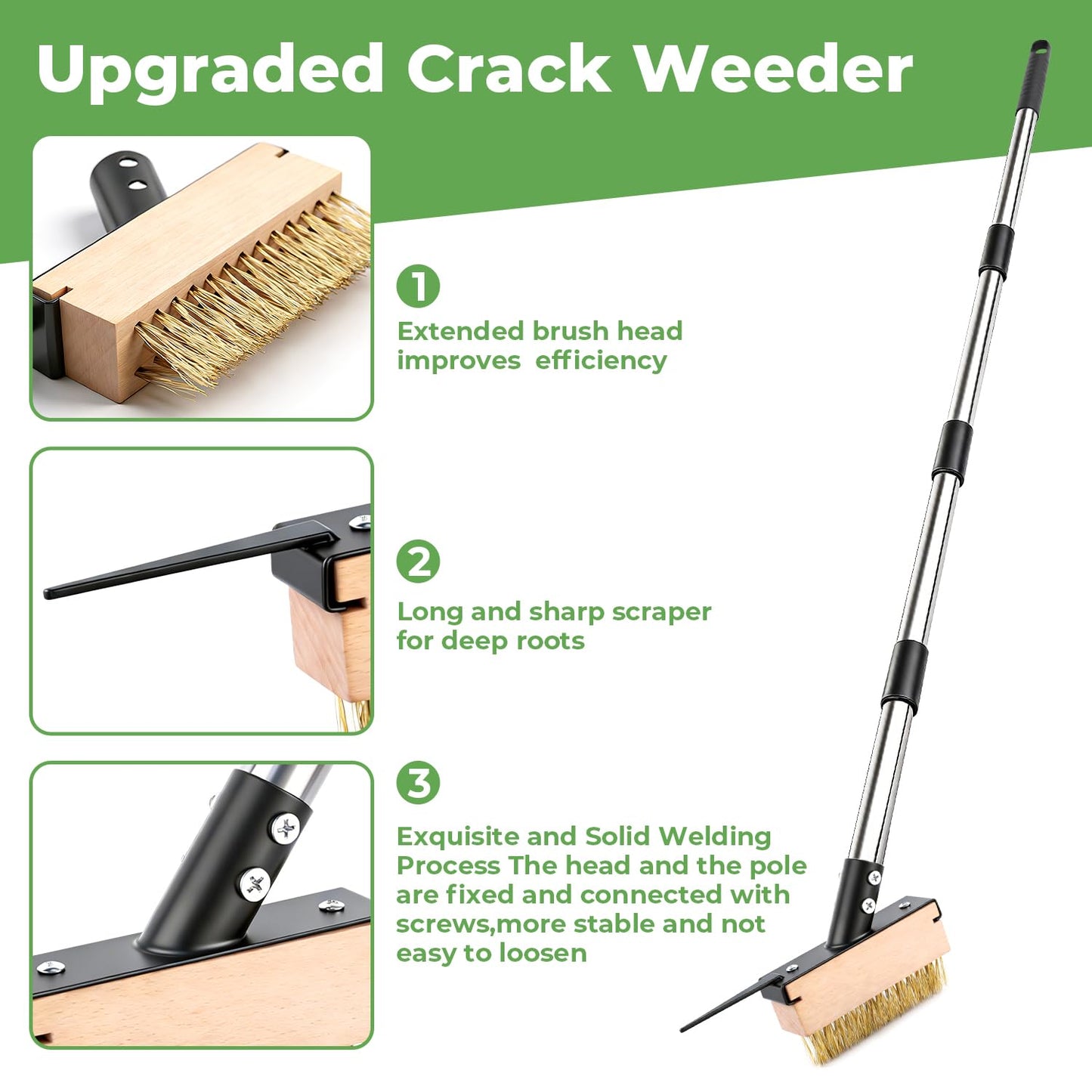 Crack Weeder Tool with 2 Brush Heads,5.1in Extended Metal Crevice Weeding Brush,Weed Moss Remover Tool for Weeding Between Concrete Pavers Decks,Weeding Puller Removal with Long Handle