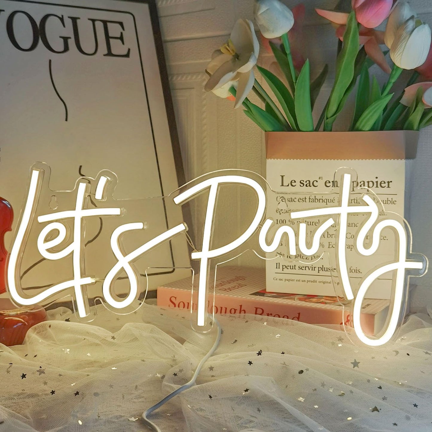 Let's Party Neon Sign, LED Neon Lights for Bedroom Wall Decor, Art Decorative Lights for Bachelorette Party, Engagement Party, Birthday Party, Living Room, Gamer Room Decor Aesthetic (Warm White)