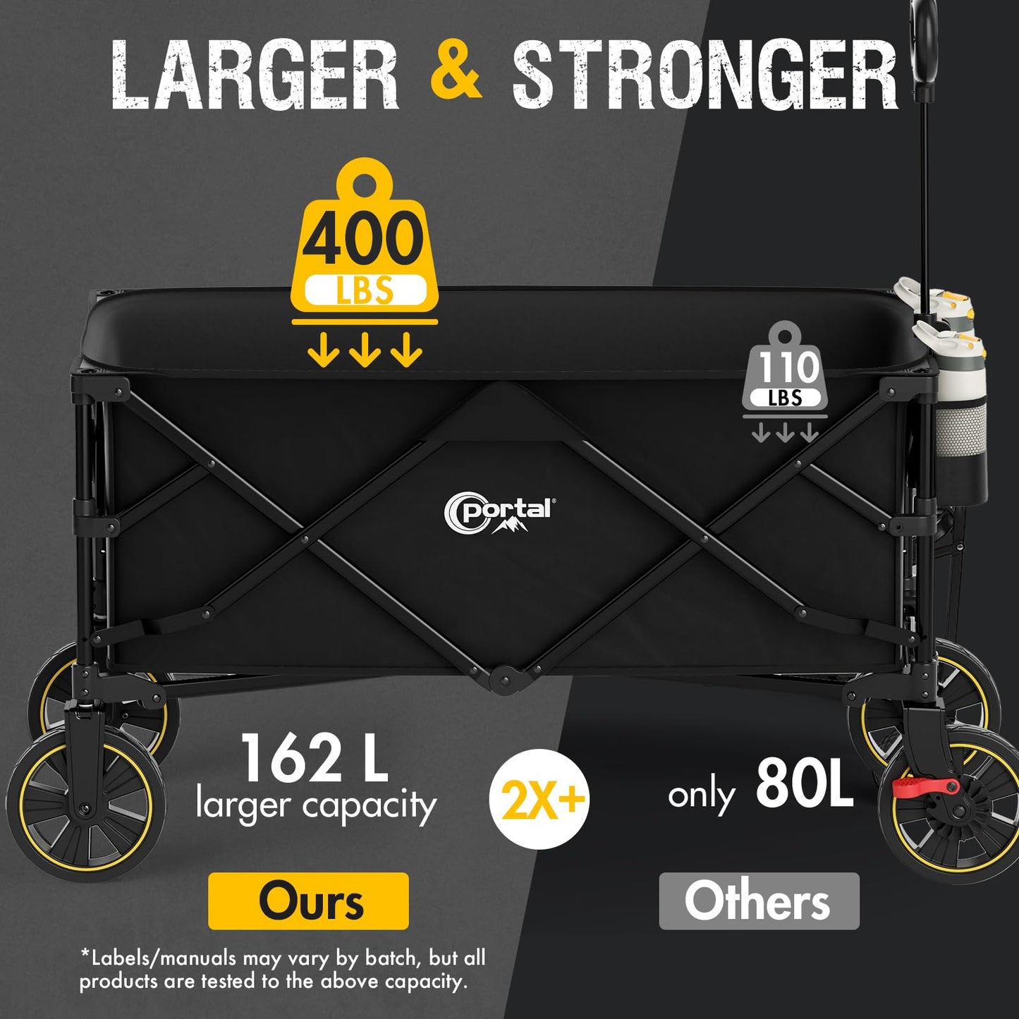 Portal Collapsible Folding Wagon Cart, 400lbs Heavy Duty Foldable Wagons with Wheels & Brake, Utility Grocery carts for Outdoors Camping, Shopping, Sports, Garden, Beach, Black