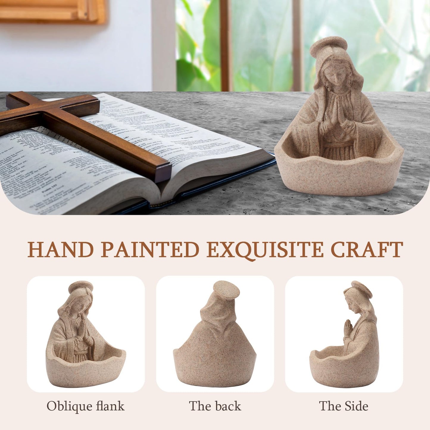 LVEOLU Virgin Mary Statue, Catholic Gifts for Women, Virgin Mary Keepsake Rosary Holder, 5.5" Blessed Mother Statues, Catholic Decor (Sandstone)