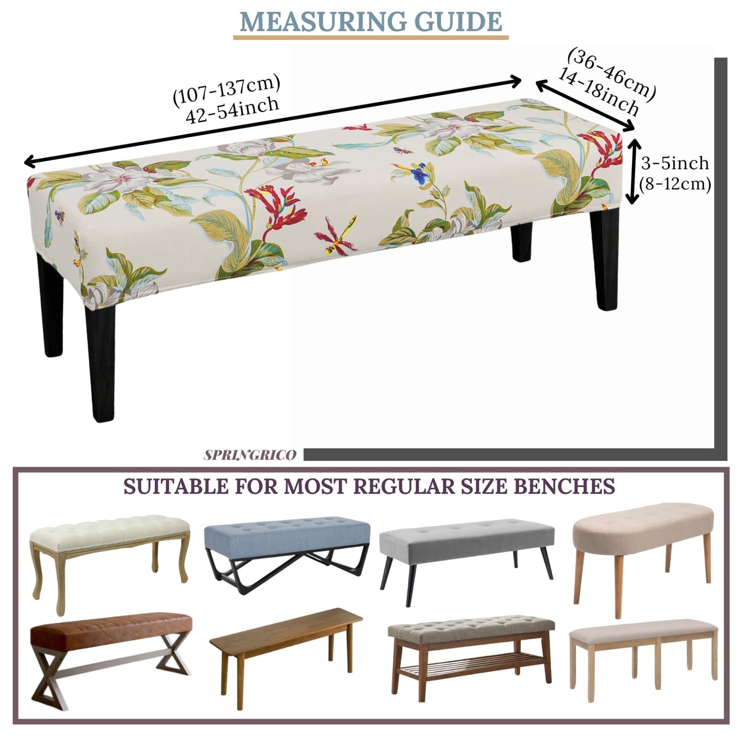 SPRINGRICO Stretch Dining Bench Cover, Removable Bench Slipcover Washable Bench Seat Protector Rectangle Bench Cover for Dining Room, Living Room, Bedroom, Kitchen (Green Garden)