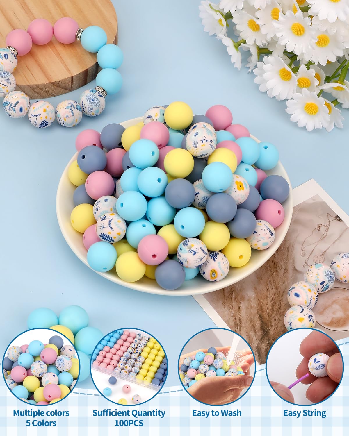 SALUOKE 100 Pcs 15mm Silicone Beads for Keychain Making, Flowers Silicone Beads Bulk Round for Bracelets Pens Crafts Jewelry Making (Flowers)