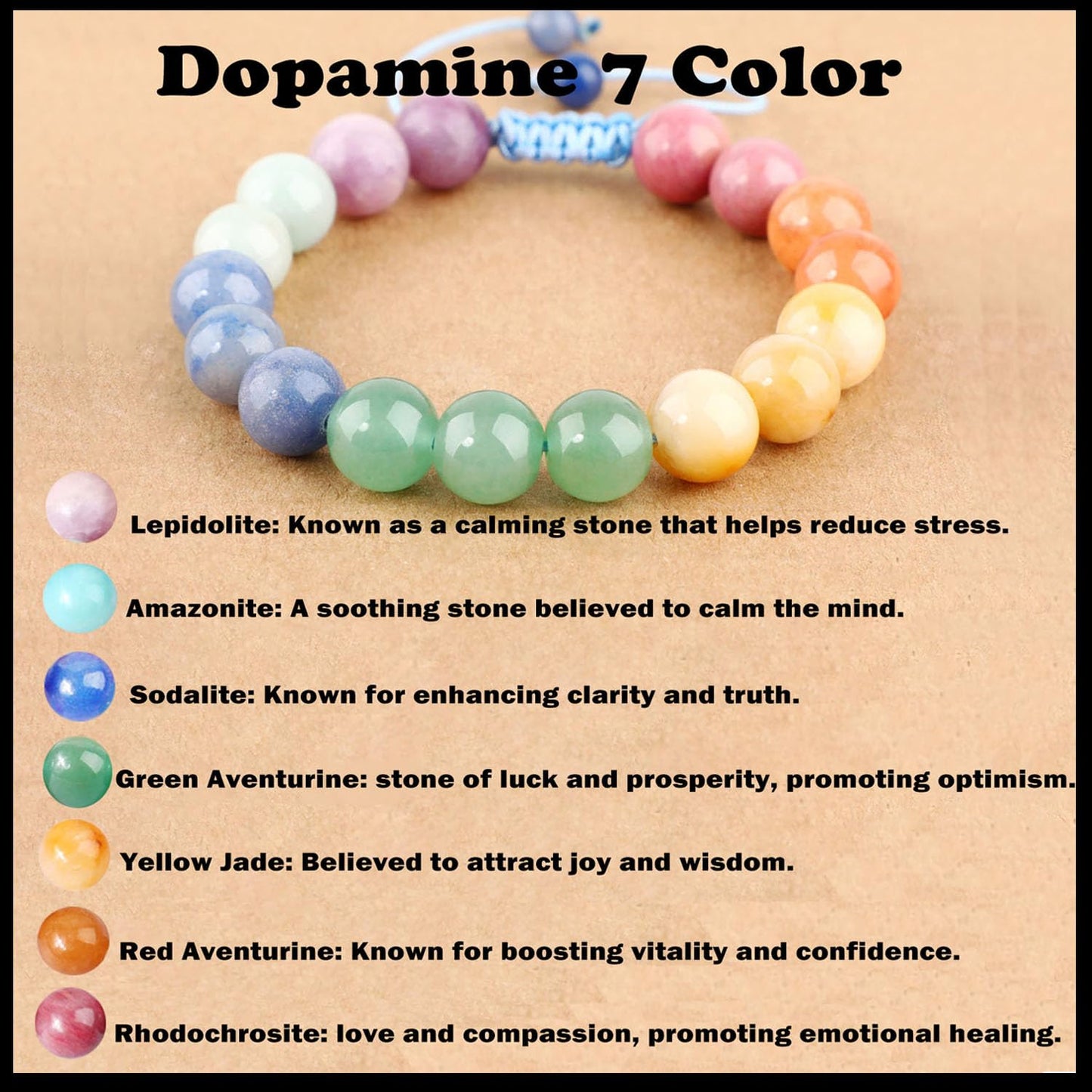 AD Beads 8mm Dopamine 7 Color - Happiness and Joy - Handmade Natural Stone Crystal Bracelet with Adjustable Macrame String - Yoga Healing Power Energy Gifts for Men and Women