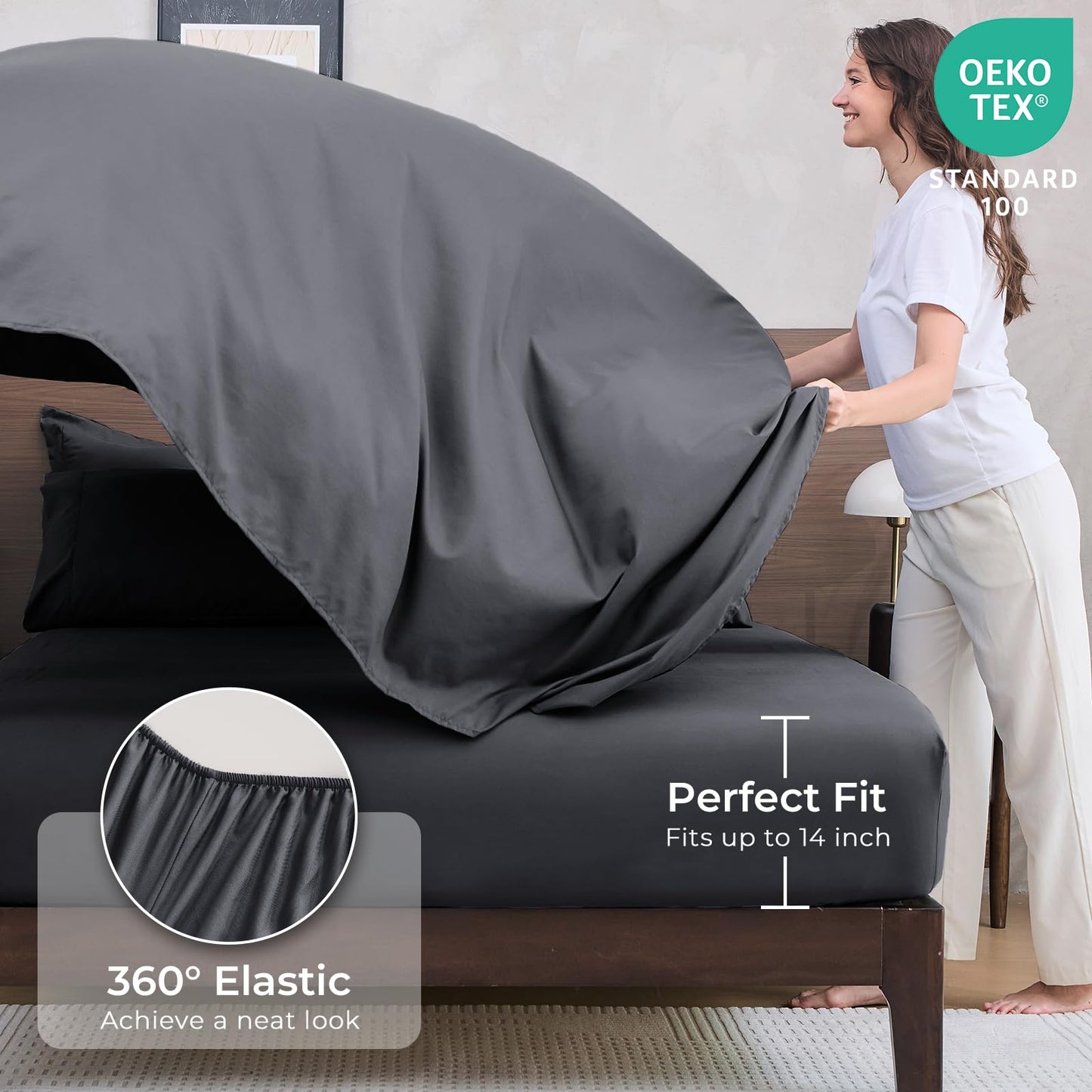 HEVUMYI 7 Pieces Queen Comforter Set, All Season Reversible Bed in a Bag, Ultra Soft Queen Bedding Set with Grey Comforter, Flat Sheet, Fitted Sheet, Pillowcases, Pillow Shams, Dark Grey