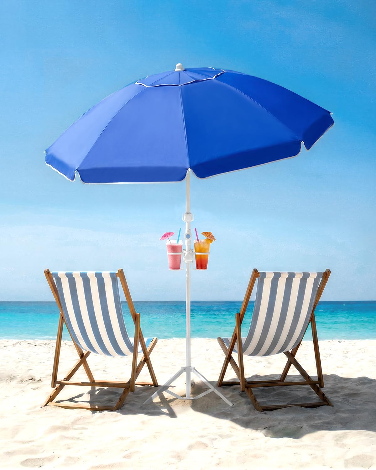 paramondo Portable Beach Umbrella with Cup Holder - 6.5FT Blue and White Striped Sun Umbrella, Adjustable Aluminum Alloy Pole, Windproof & UV Protection for Sand, Patio, and Backyard, Solid Blue