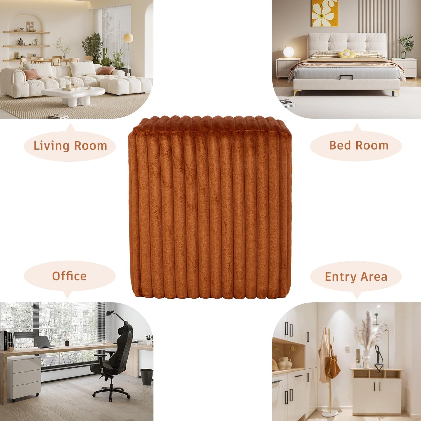 YDcosyfy Modern Square Ottoman, Vertical Channel Tufted Foot Stool Ottoman, Velvet Upholstered Vanity Stool for Makeup, Bedroom, Living Room, Dark Orange