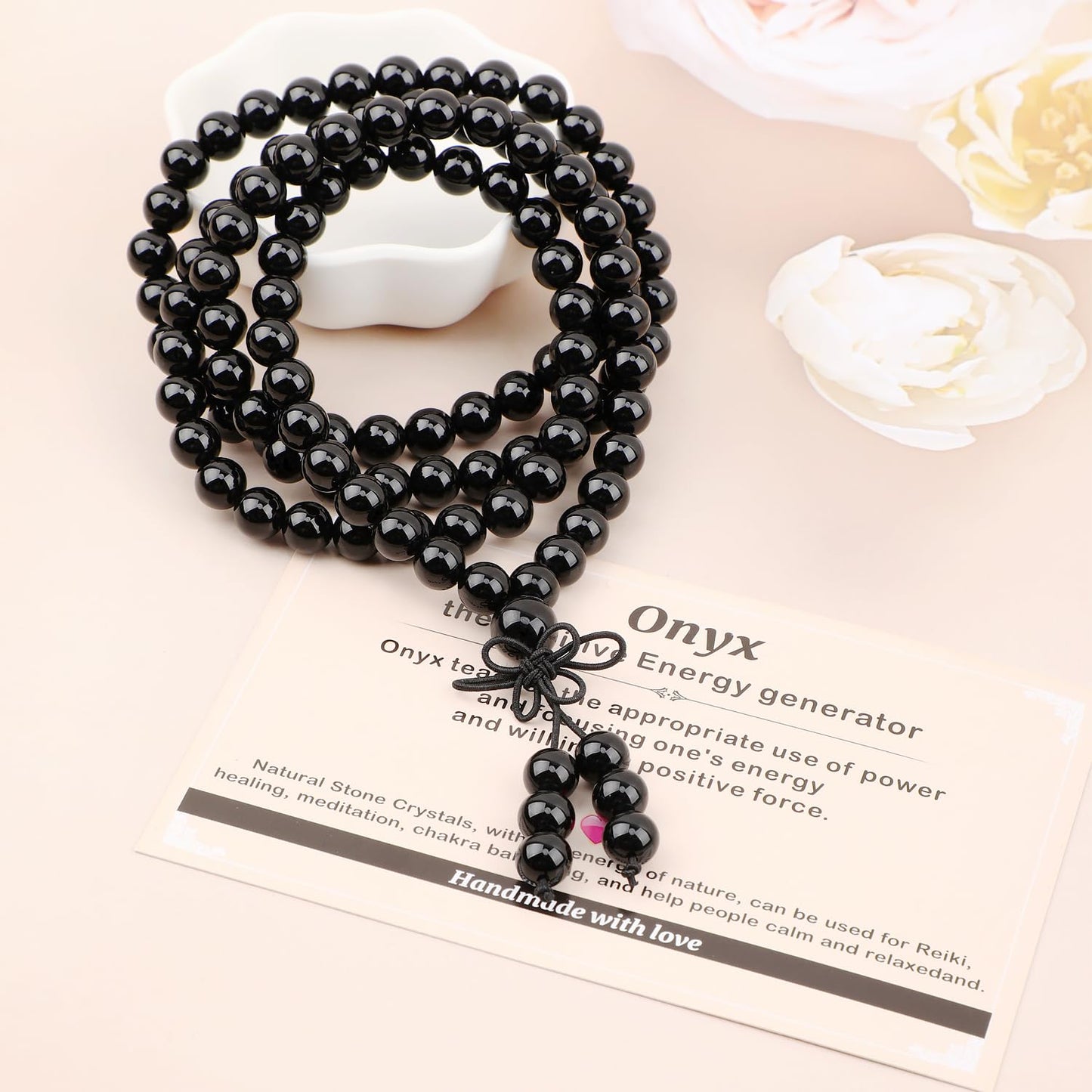 AD Beads 8mm 108 Prayer Mala Onyx Elastic Bracelet - Positive Energy Generator - Handmade Yoga Meditation Healing Power Energy Gifts for Unisex Adult.