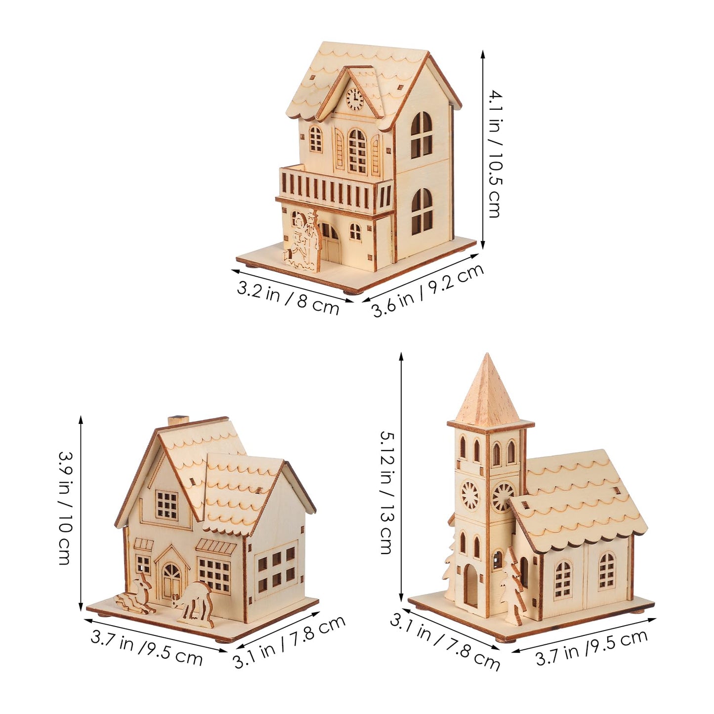 3 Pcs Christmas Village Houses: Led Light Wooden House with Battery, Unfinished Rustic Holiday Village Decor - Perfect for Christmas Table Centerpieces, Xmas Party Decorations,DIY Crafts