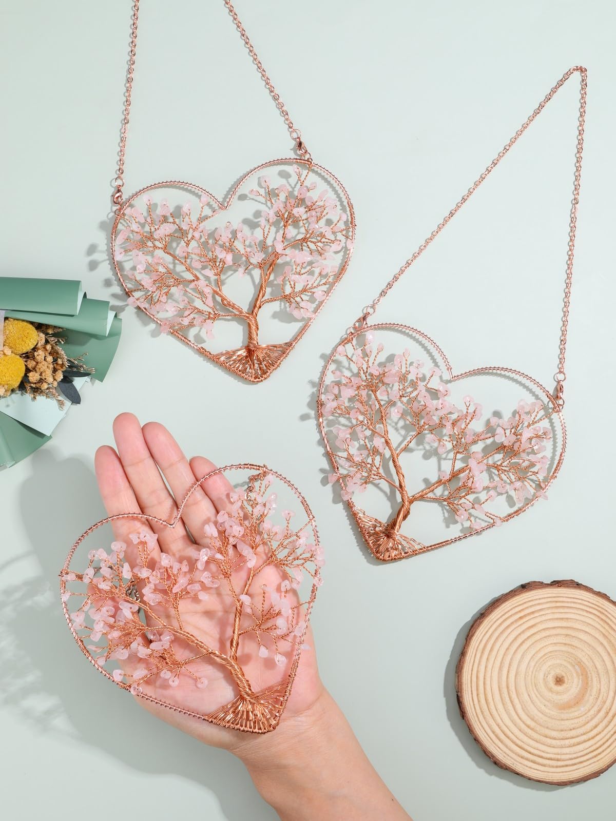 MANIFO Rose Quartz Crystal Tree Life Hanging Ornament Heart Healing Crystal Gemstone Hanging Decoration for Home Garden Window Wall Gifts
