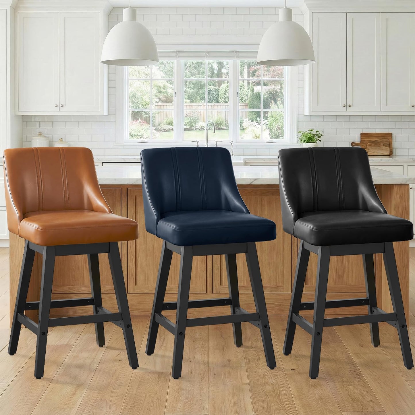 kinmars 27'' Counter Height Bar Stools Set of 4, Swivel Bar Stools with Backs, Modern Faux Leather Bar Stools for Kitchen Island, Solid Wood Legs, Adjustable Feet (PU - Brown, Set of 4-27" H)