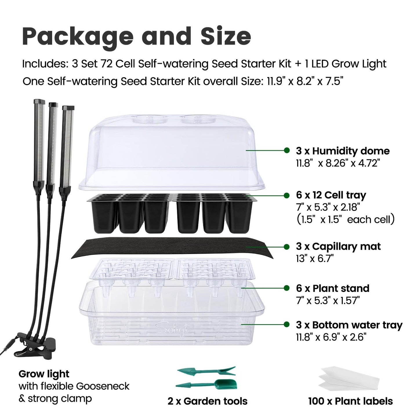SOLIGT 72 Cell Self Watering Seed Starter Trays with Grow Light, 3 Seed Starter Kit with Humidity Domes, Full Spectrum Seedling Light with 8/12/18H Timer for Seed Starting, Seedling Growing