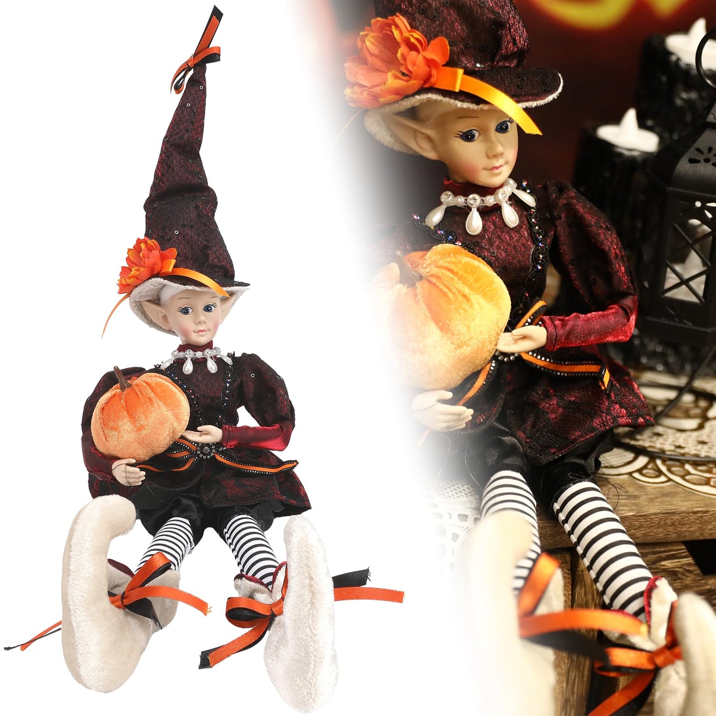 brableewear Halloween Fairy Elf Doll Posable Witch Sitting Doll Cute Elf Girl Holding Pumpkin Figurines Mantel Ornaments Home Decor