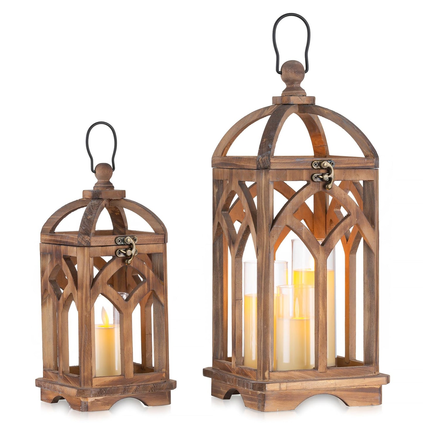Romadedi Farmhouse Candle Lantern Wooden - 12" / 16" Set of 2 Decorative Rustic Wood Candle Holder Home Decor Decoration Wedding Table Centerpiece, Brown
