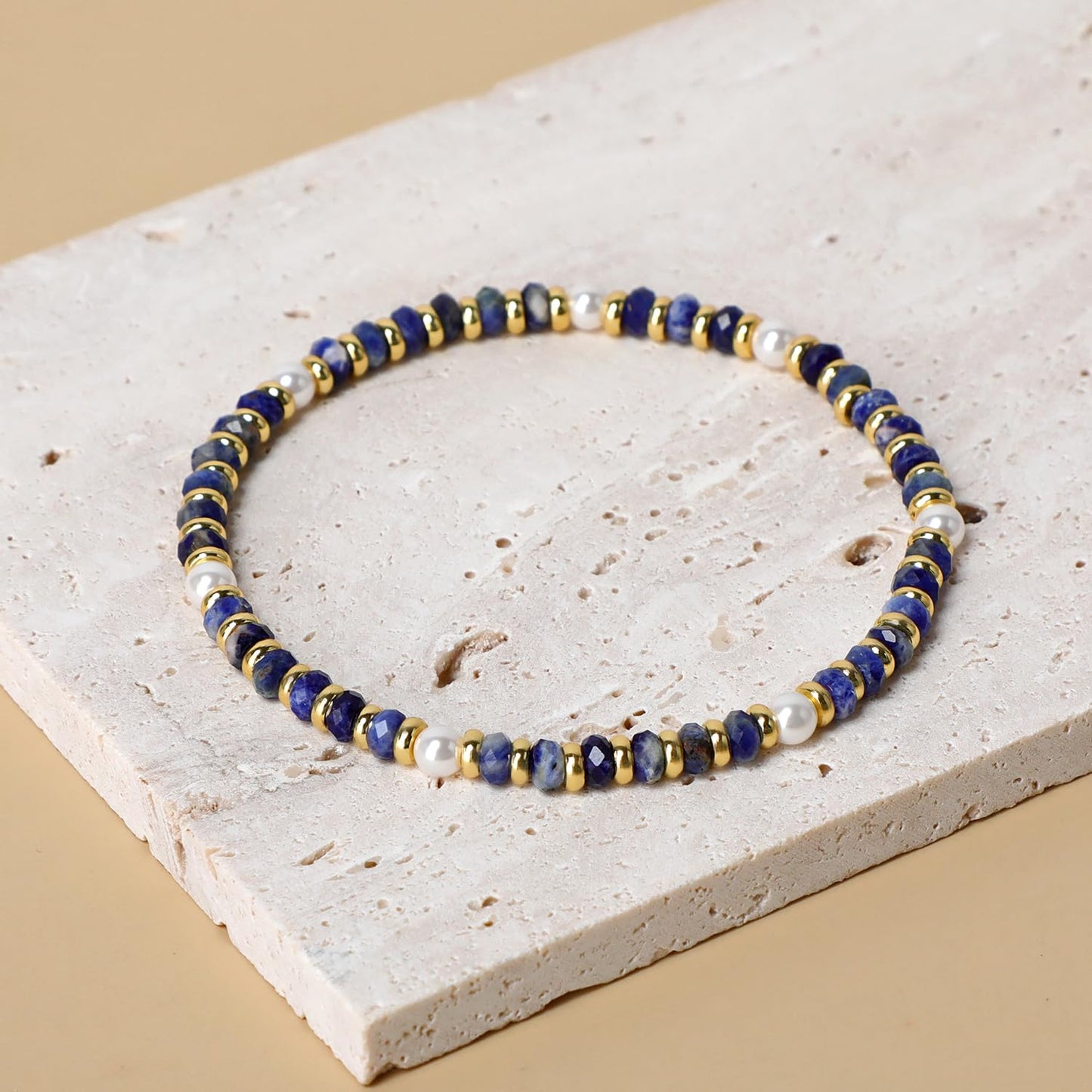QOGIR Blue Sodalite - Self Confidence - 14K Gold Plated Beads Natural Gemstone Stretch Elastic Dainty Healing Beaded Bracelets Gifts 2x4mm