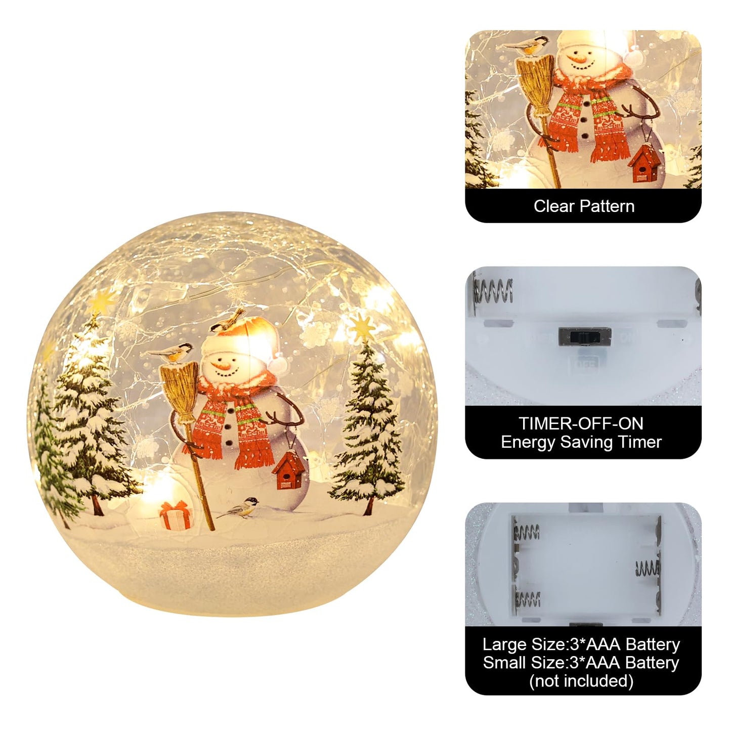 YEAHOME Christmas Decorations Indoor,Set of 3 Snowman Crackle Glass Ball with LED Lights Home Decor, Christmas Table Decorations Lighted Globes with Timer for Mantel Fireplace Tabletop