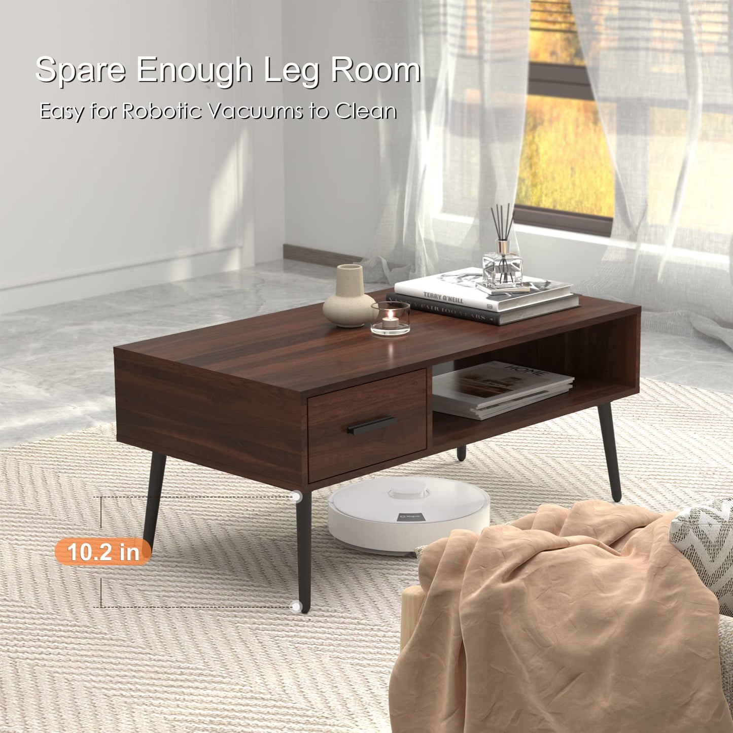 HAIOOU Coffee Table, Mid Century Modern Center Table for Living Room with Storage, Walnut Tea Table with Drawer, Open Storage Shelf, Floor-Anti-Scratching Pine Leg for Home, Office(Dark Brown)