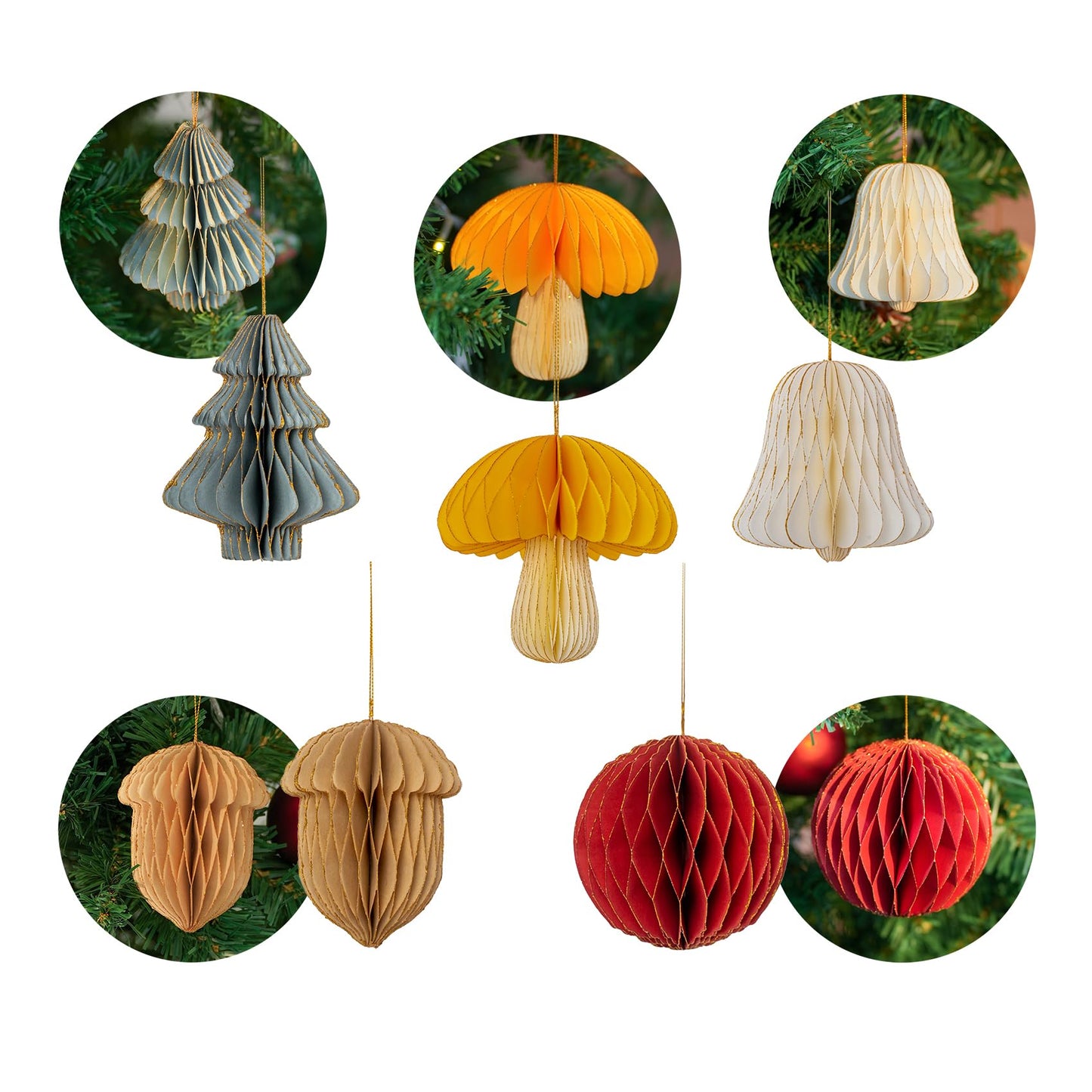 10 PCS Christmas Hanging Ornaments 3D Honeycomb Paper for Christmas, Party Decorations - Includes Mini Trees, Mushrooms, Acorns, Bells, Balls - Perfect All Season Creative DIY Items